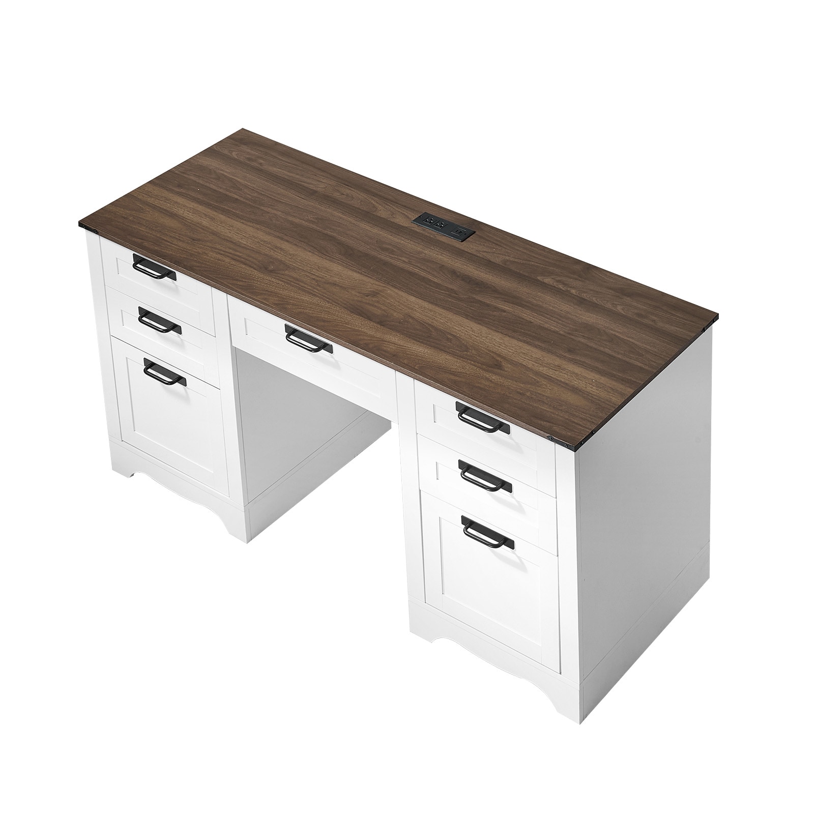 VEVOR Executive Desk Farmhouse Office Table with Charging Station Heavy Duty Particle Board Executive Table with Storage Drawers 200 LBS Load Capacity Easy Assembly for Work Study Writing Walnut