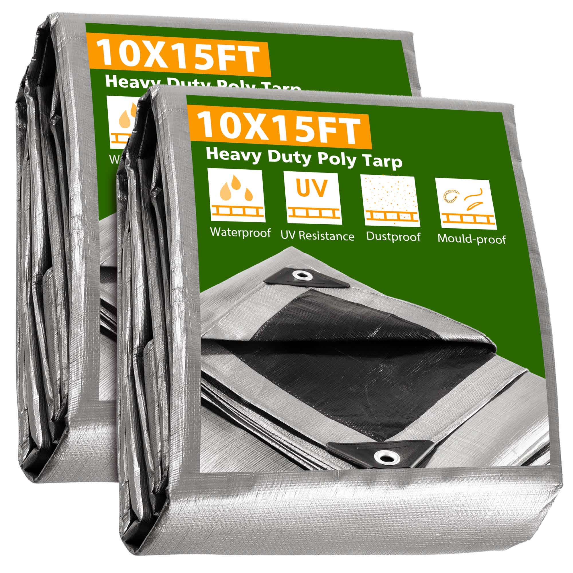 Yescom 2 Pcs 10x15 FT 10 Mil Poly Tarp Protective Cover Tarpaulin Outdoor Waterproof Silver #07PTR001-115-11X2-LO