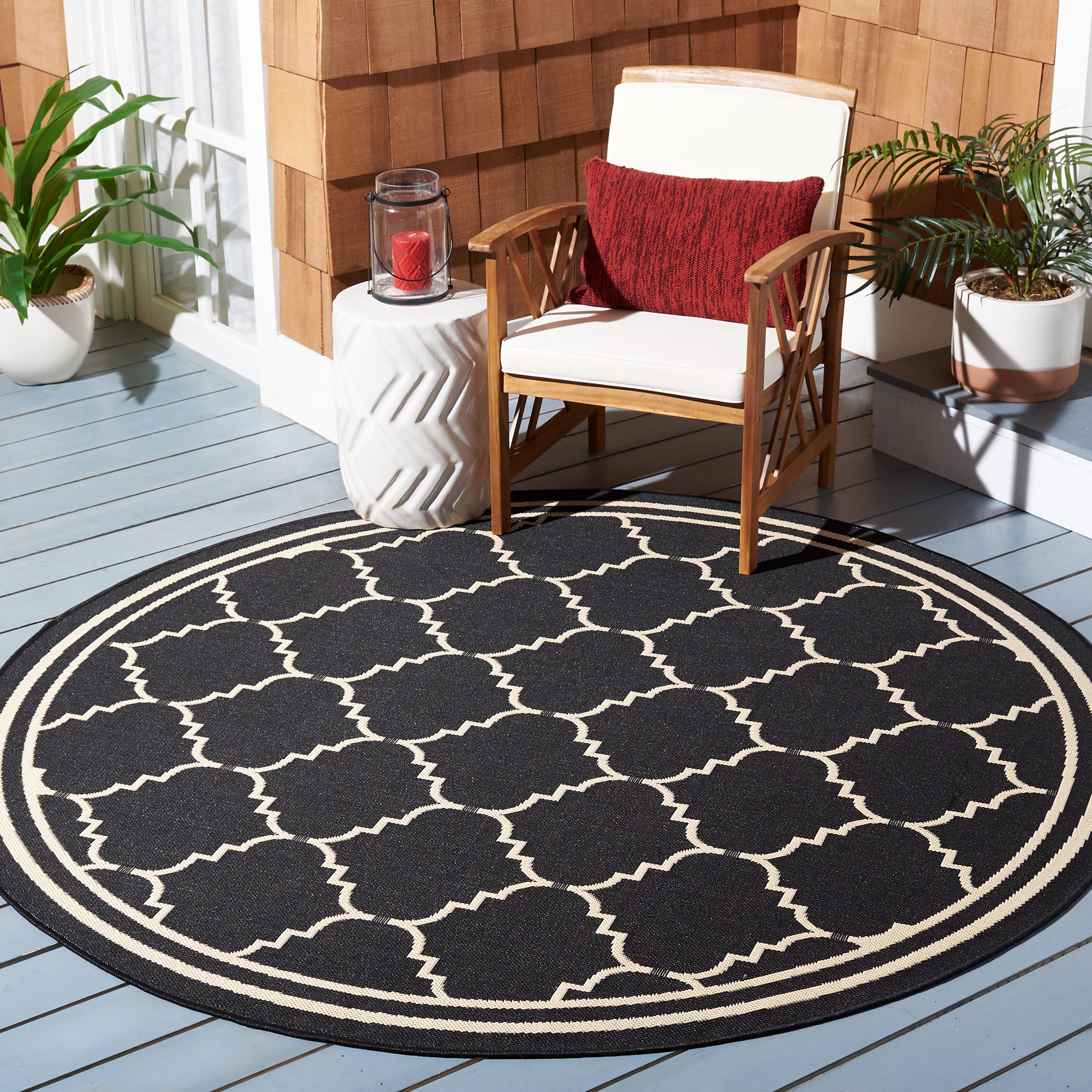 Safavieh CY6889-26-7R Courtyard Tarn 7 x 7 (ft) Loomed Polypropylene Black/Creme Round Indoor/Outdoor Trellis Coastal Area rug