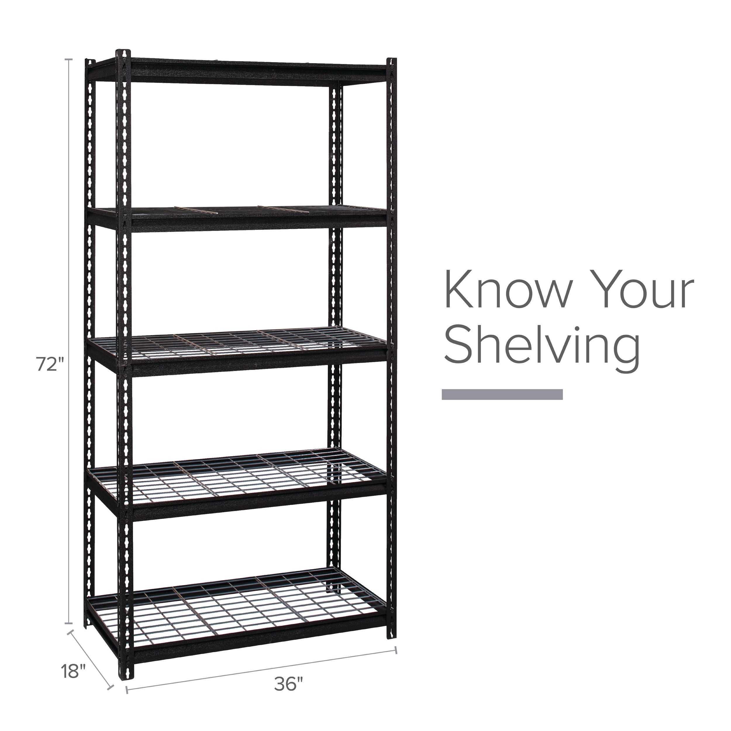Riveted Steel 5-Shelf Adjustable Wire Deck Shelving, 72"H x 36"W x 18"D, Black