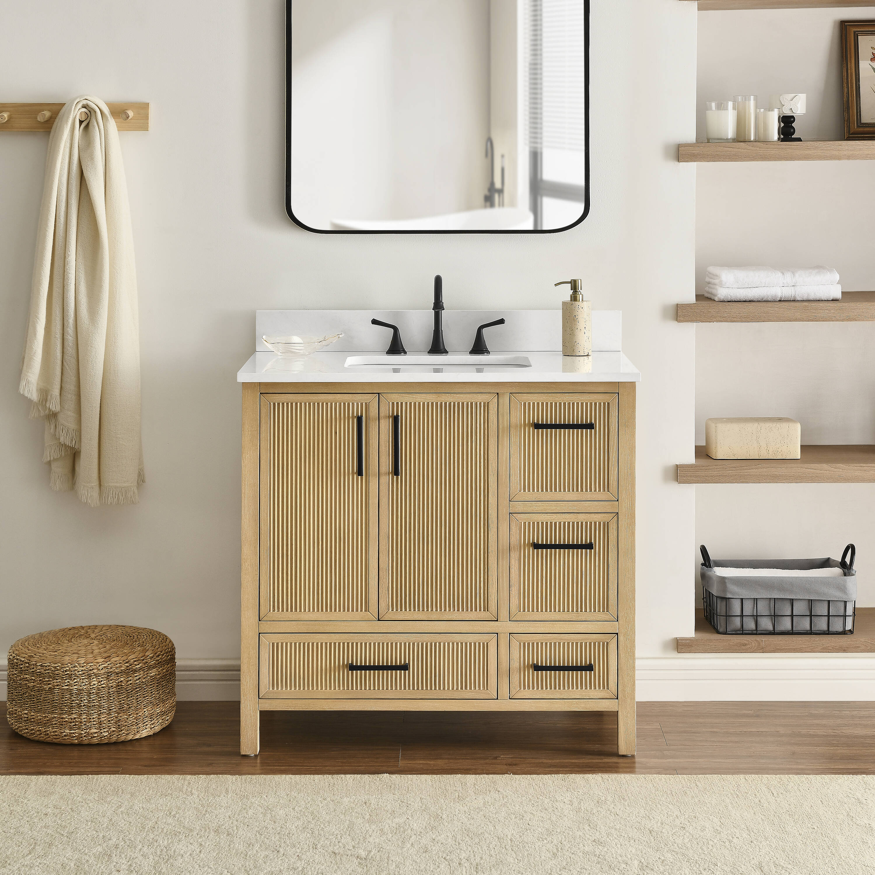 Runfine RF110437 36-in Baltic Birch Undermount Single Sink Bathroom Vanity with Carrara White Engineered Stone Top