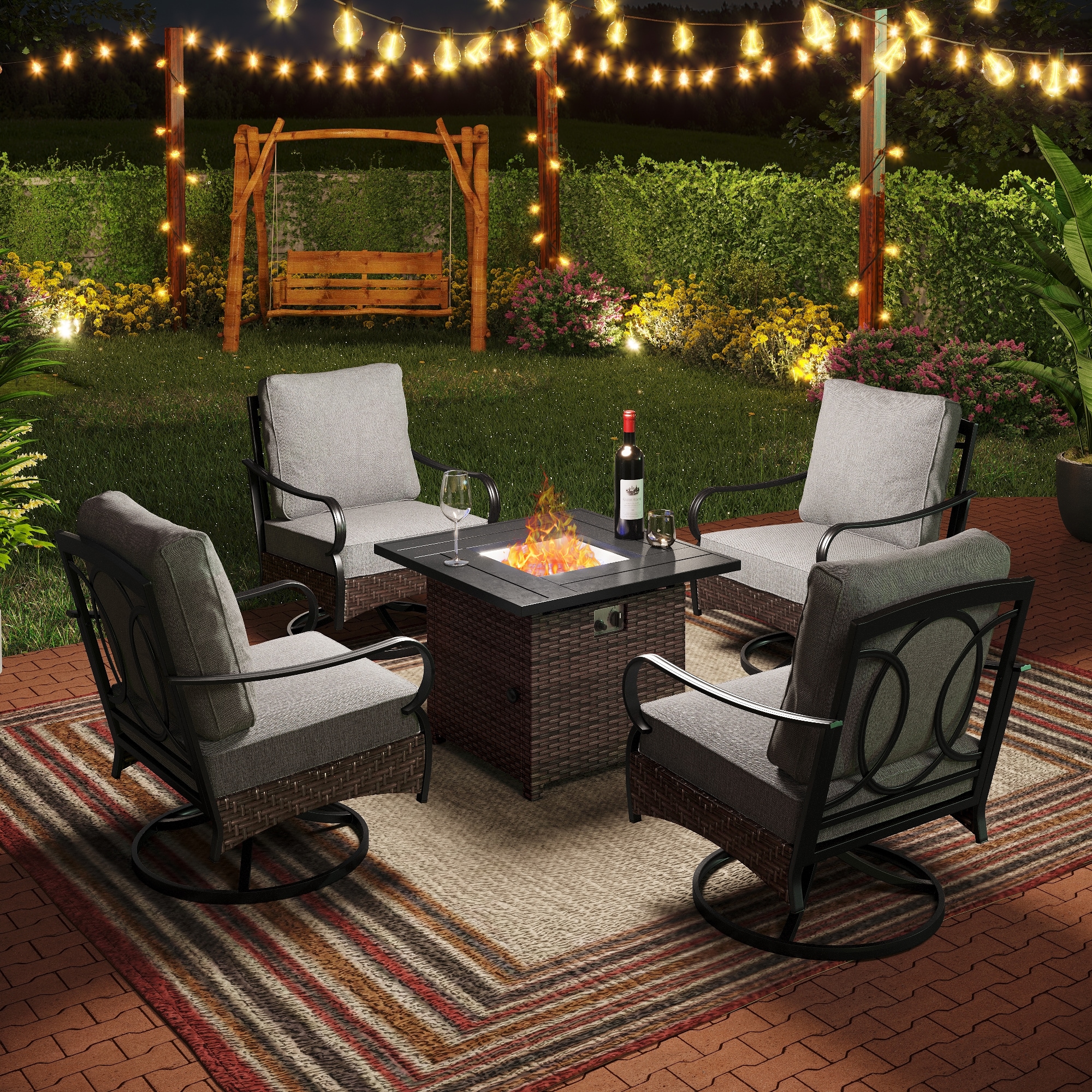 Sunshine Valley CR001-11-5-GS102 Patio Furniture Set with Fire Pit 5-Piece Wicker Patio Conversation Set with Gray Cushion Pro Cushions