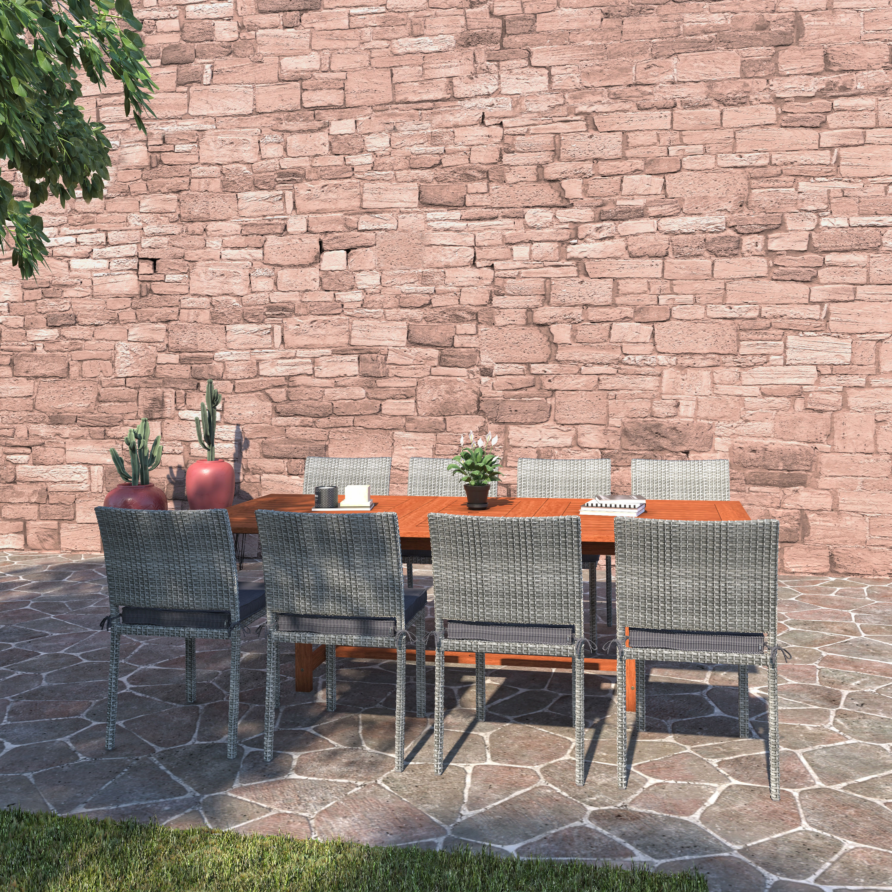 Amazonia BT542-8LIBSGRGR  Eucalyptus 9 -Piece Brown Wicker Patio Dining Set Extendable Table Wood Rectangle Table with 8 Brown Cushions Stackable Stationary Chairs