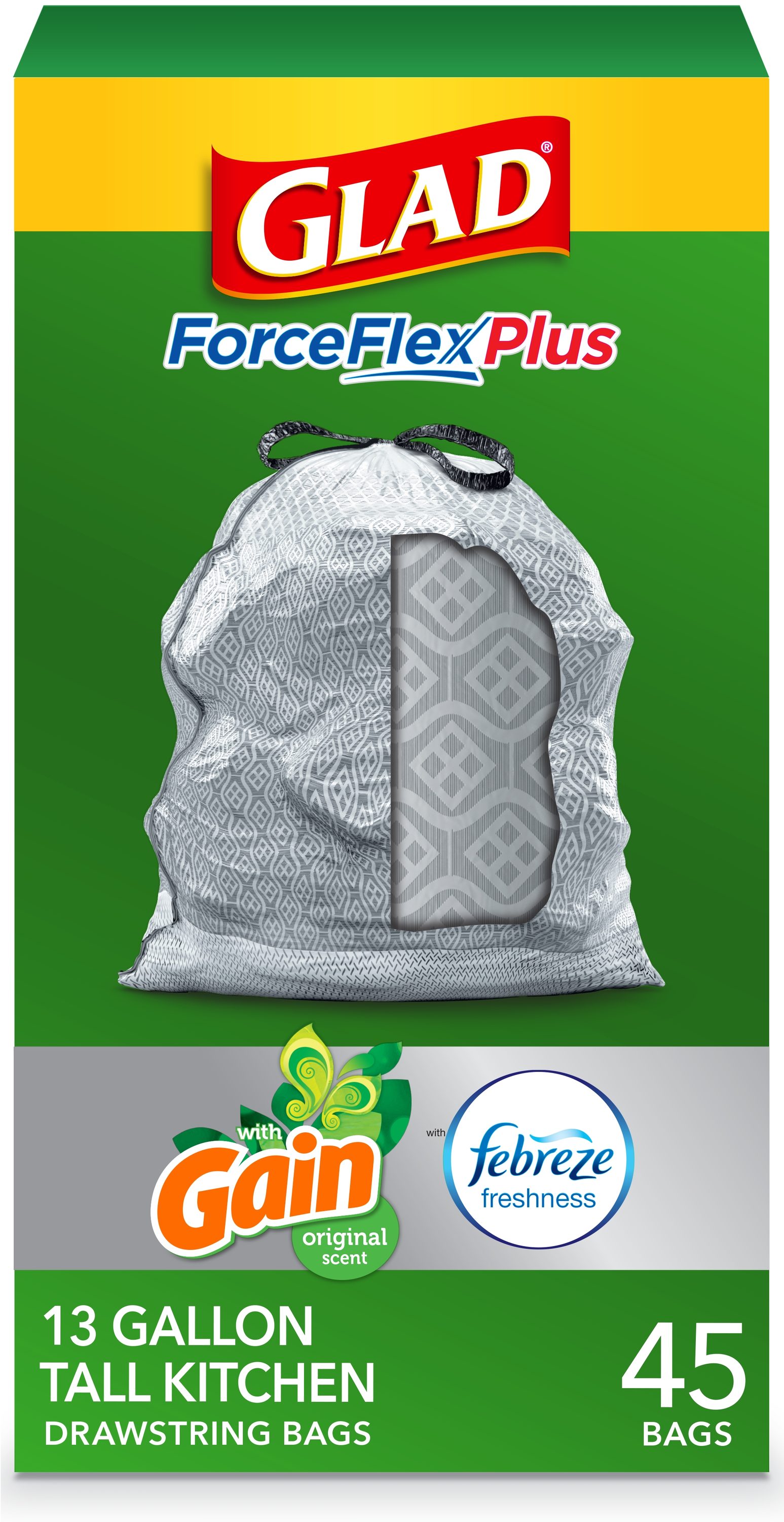 Glad ForceFlex Plus 13-Gallons Gain Original Gray Plastic Kitchen  Drawstring Trash Bag (45-Count) at