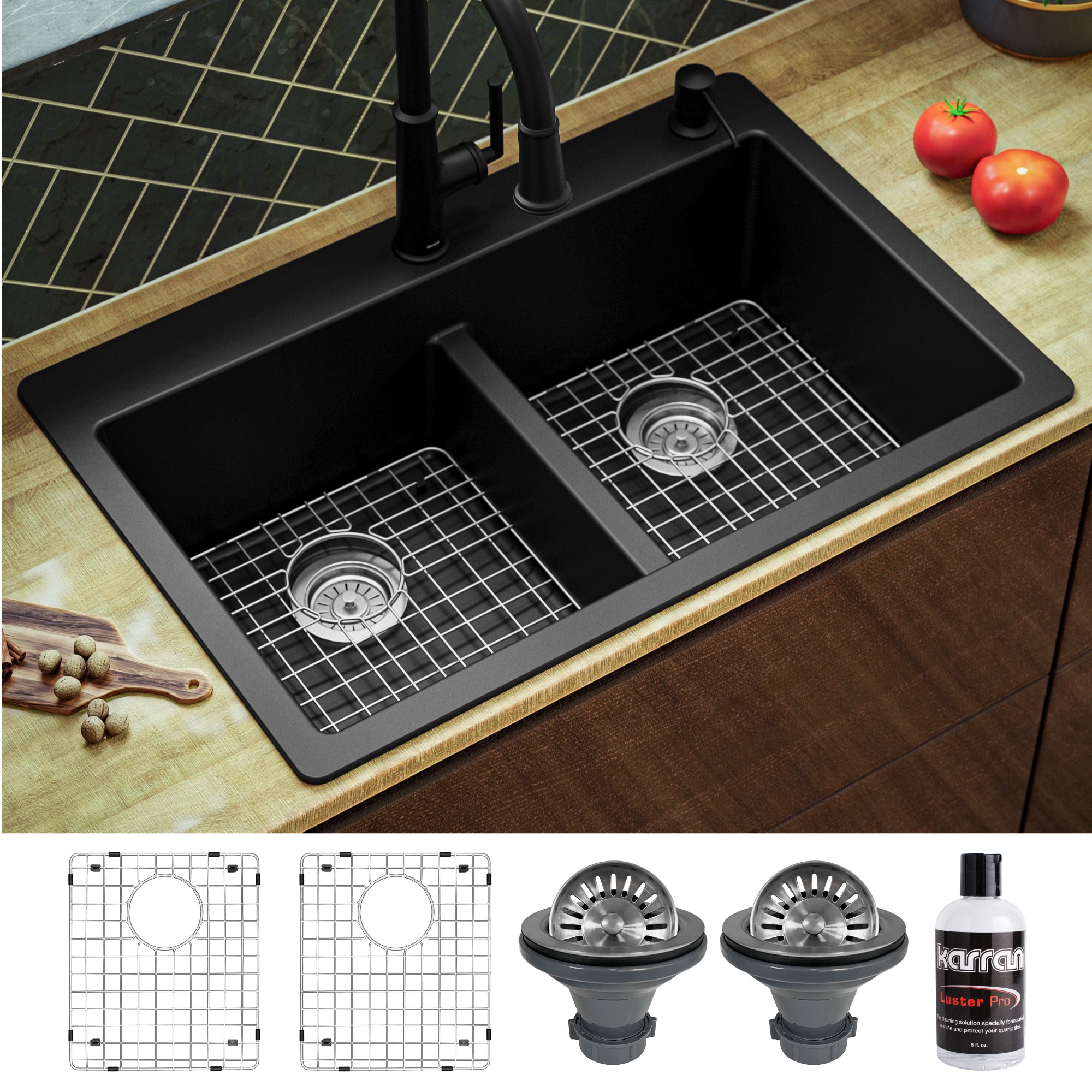 Karran QT-810-BL-PK1 Drop-in or undermount 33-in x 22-in Quartz Double equal bowl 1-Hole Kitchen Sink