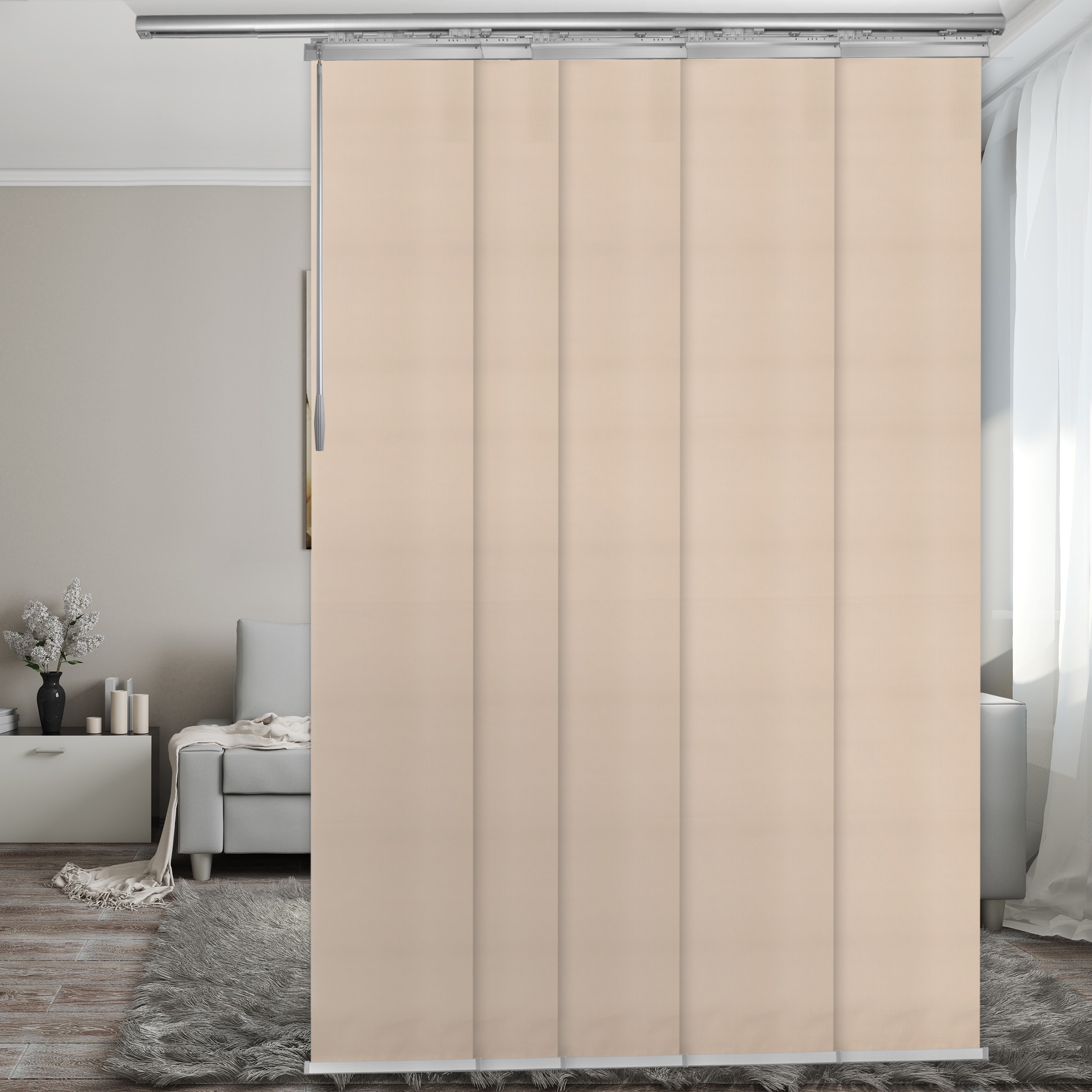 Hart & Harlow L-T16-5-5P24D 5-Panel Single Rail 15.75-in Slat Width 70.0-in x 91.4-in Cordless Cream Fabric Light filtering Panel track blinds
