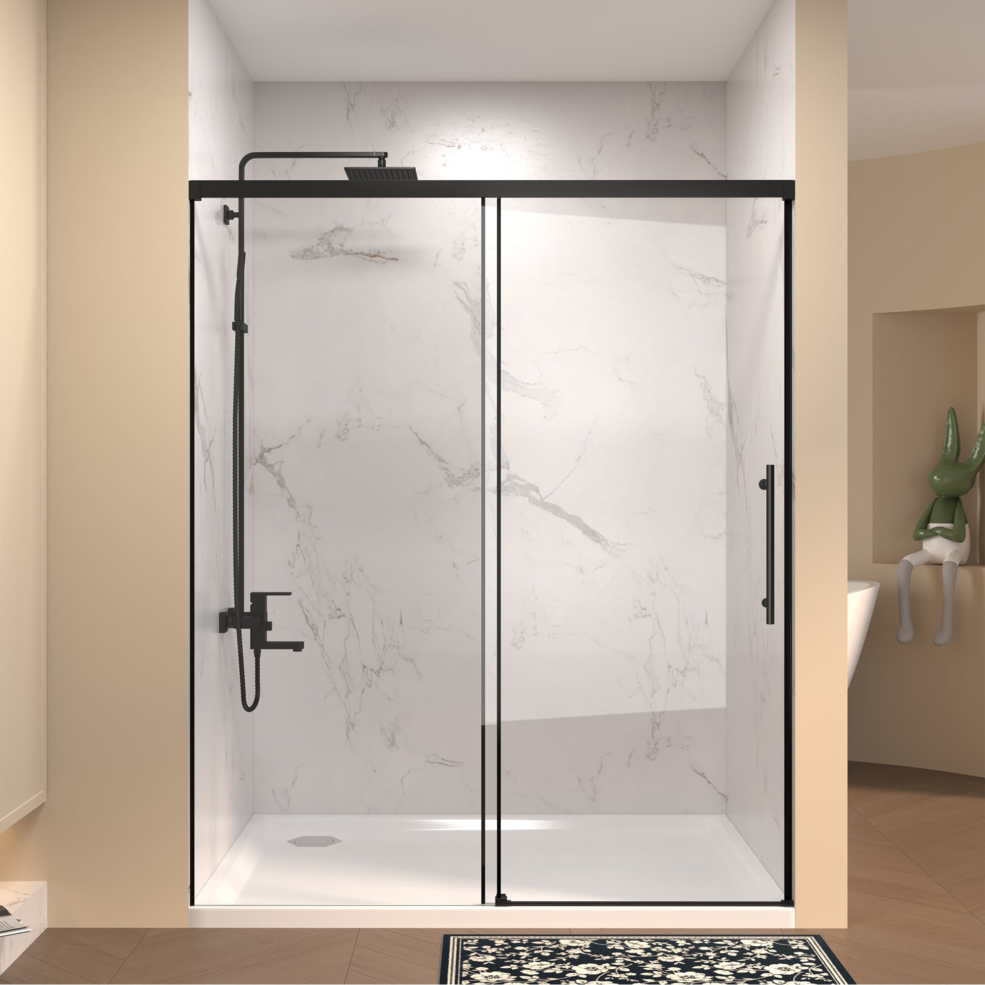 GDFStudio Koda 48-in W x 72-in H Modern Frameless Tempered Glass Single Sliding Shower Door with Dual Thickness Safety Panels and Stainless Steel Handle - Matte Black #369360