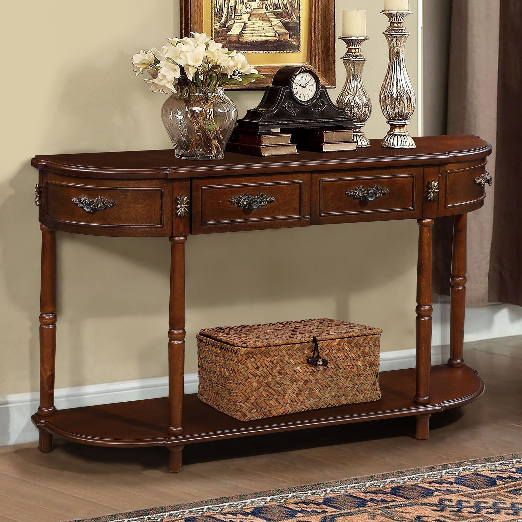 GDFStudio Carradine Classic Retro 52 in. Curved Wood Circular Half Moon Console Sofa Table with 2 Drawers and Open Shelf - Cherry
