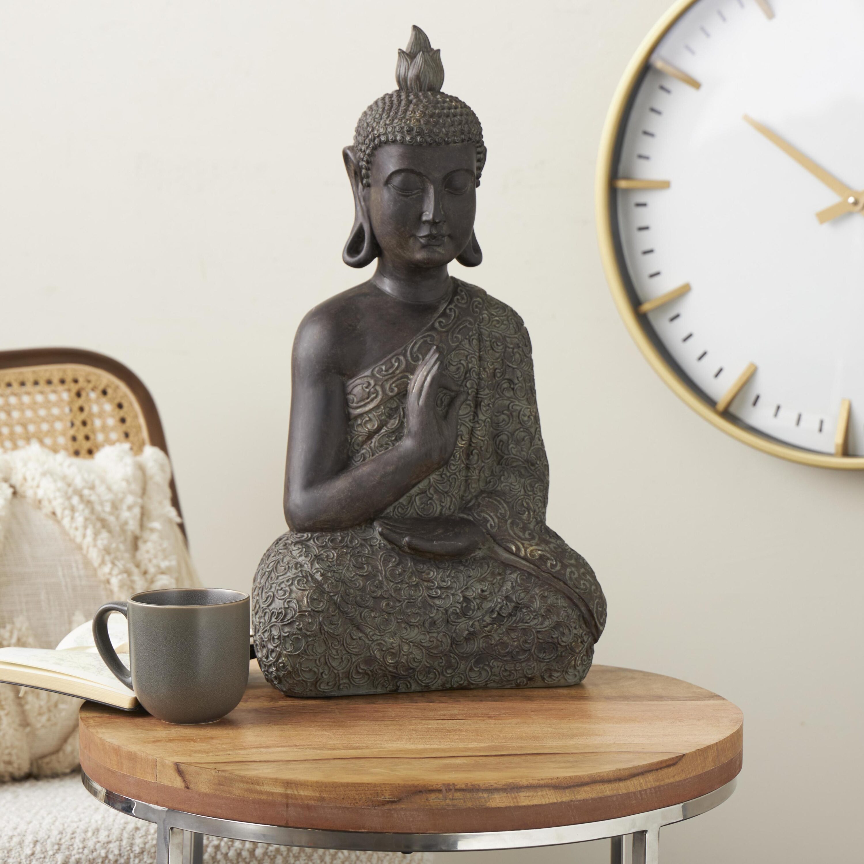 Brown Polystone Meditating Buddha Sculpture with Engraved Carvings