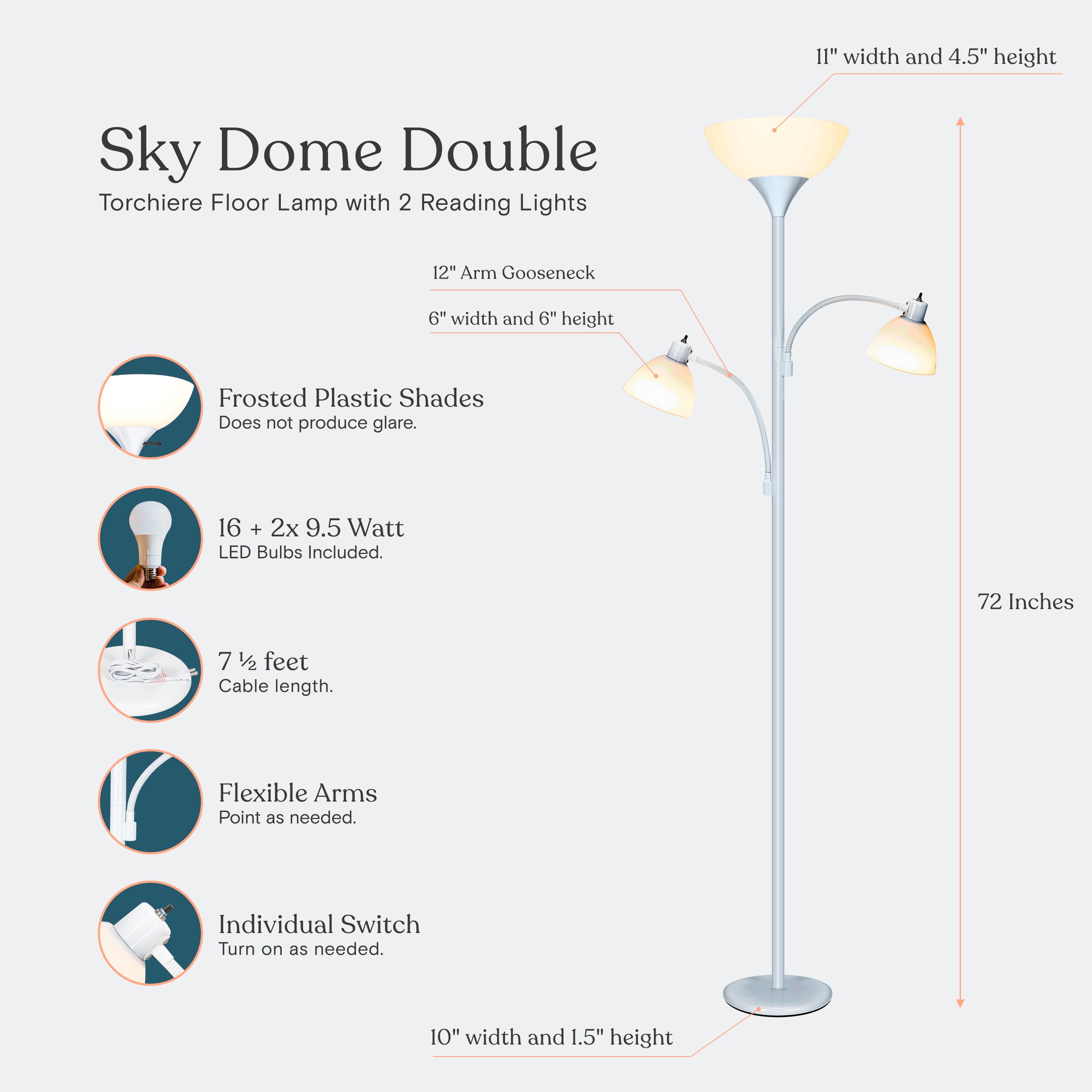Brightech Sky Dome Double 72" White Metal Torchiere Floor Lamp with Adjustable Arms