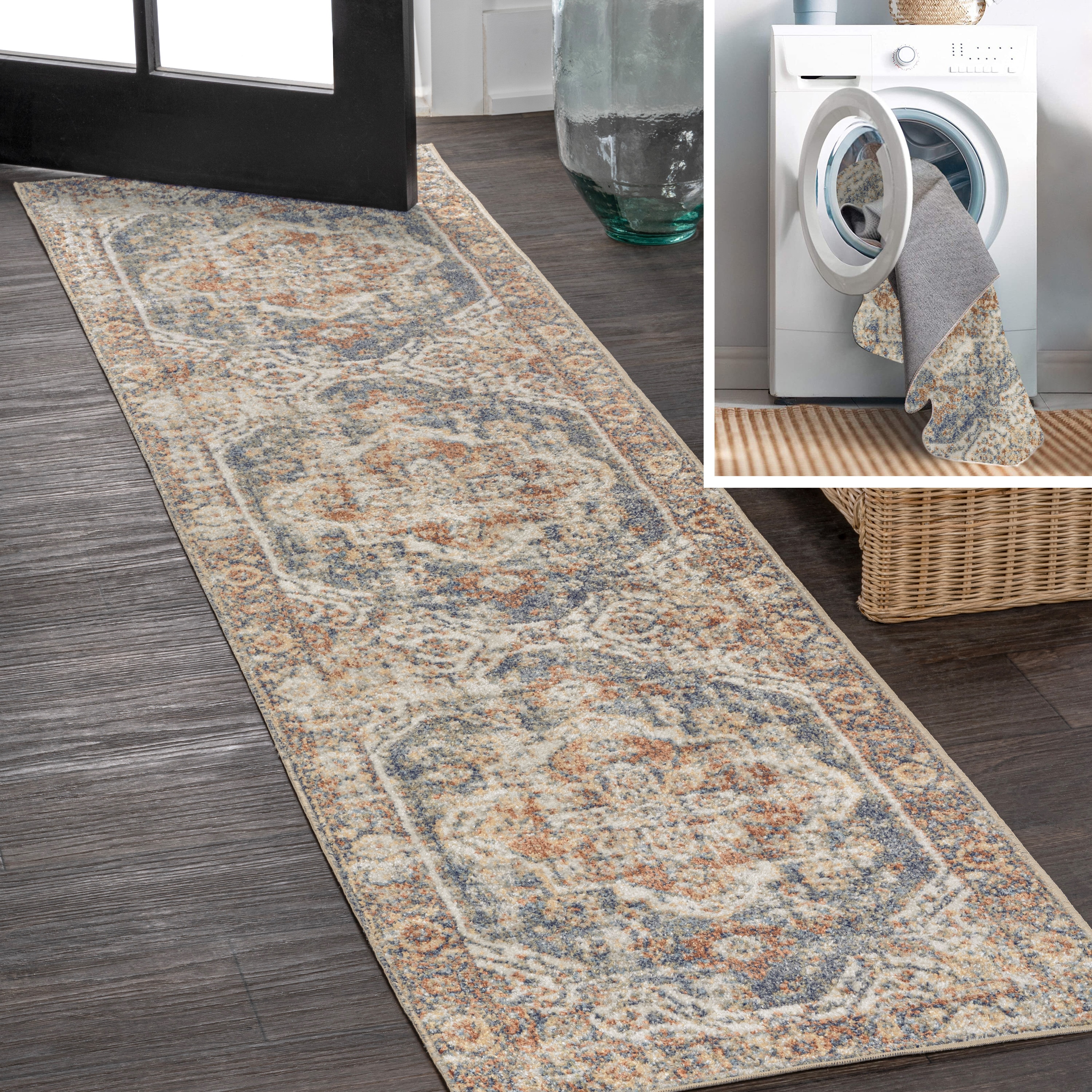 JONATHAN  Y WSH316A-28 WASHABLE Keesha Bold Distressed Medallion Low-Pile 2 x 8 (ft) Loomed Polyester Blue/Cream Rectangular Indoor Medallion Persian Machine washable Runner rug