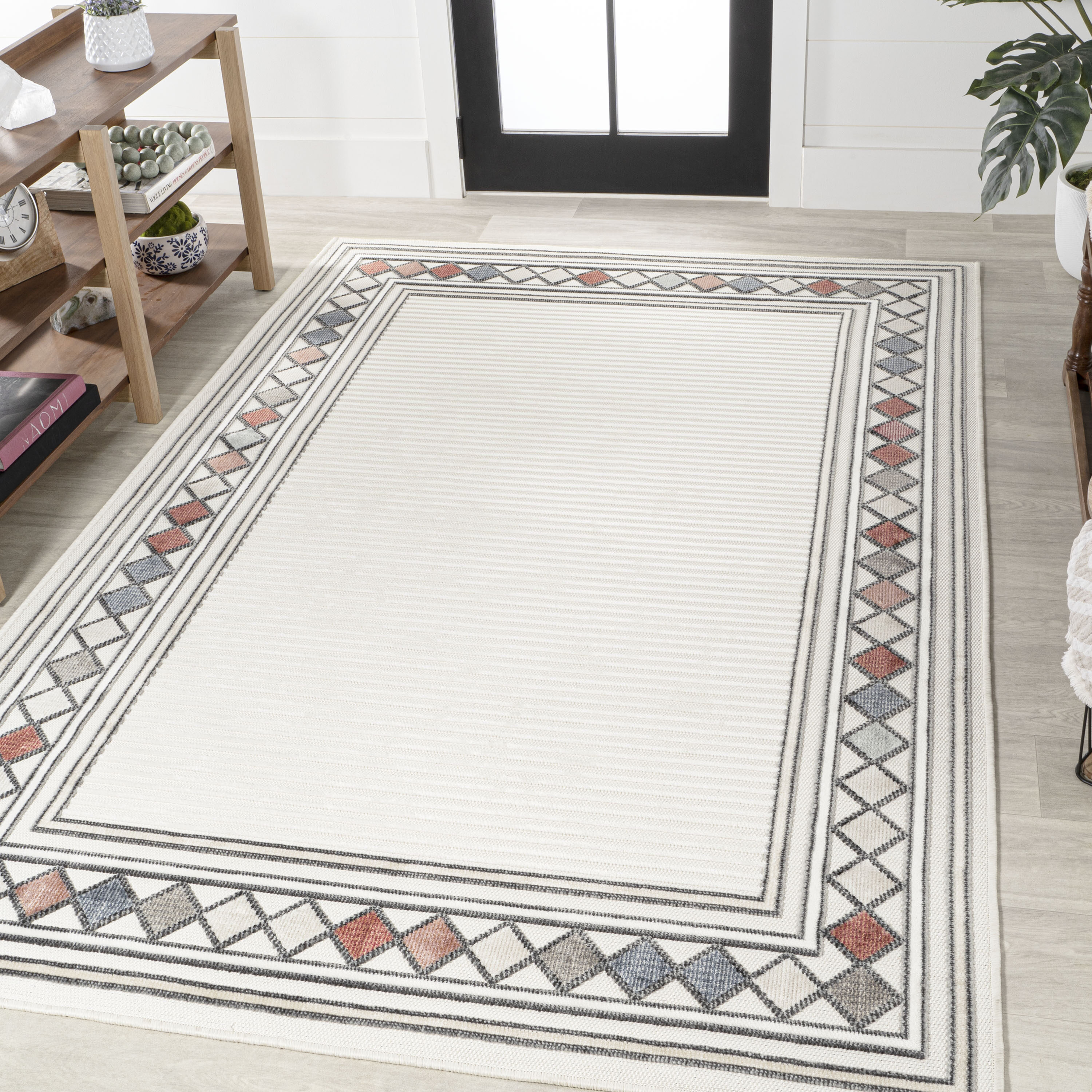 Ivory Beige Geometric Synthetic 5'x8' Reversible Indoor/Outdoor Rug