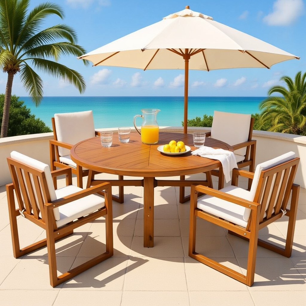 Homy Casa POPD S POPD 5 Piece Outdoor Patio Dining Set Acacia Wood Outdoor Dining Set with Four Armchairs and a Table for Garden Balcony Backyard Beige