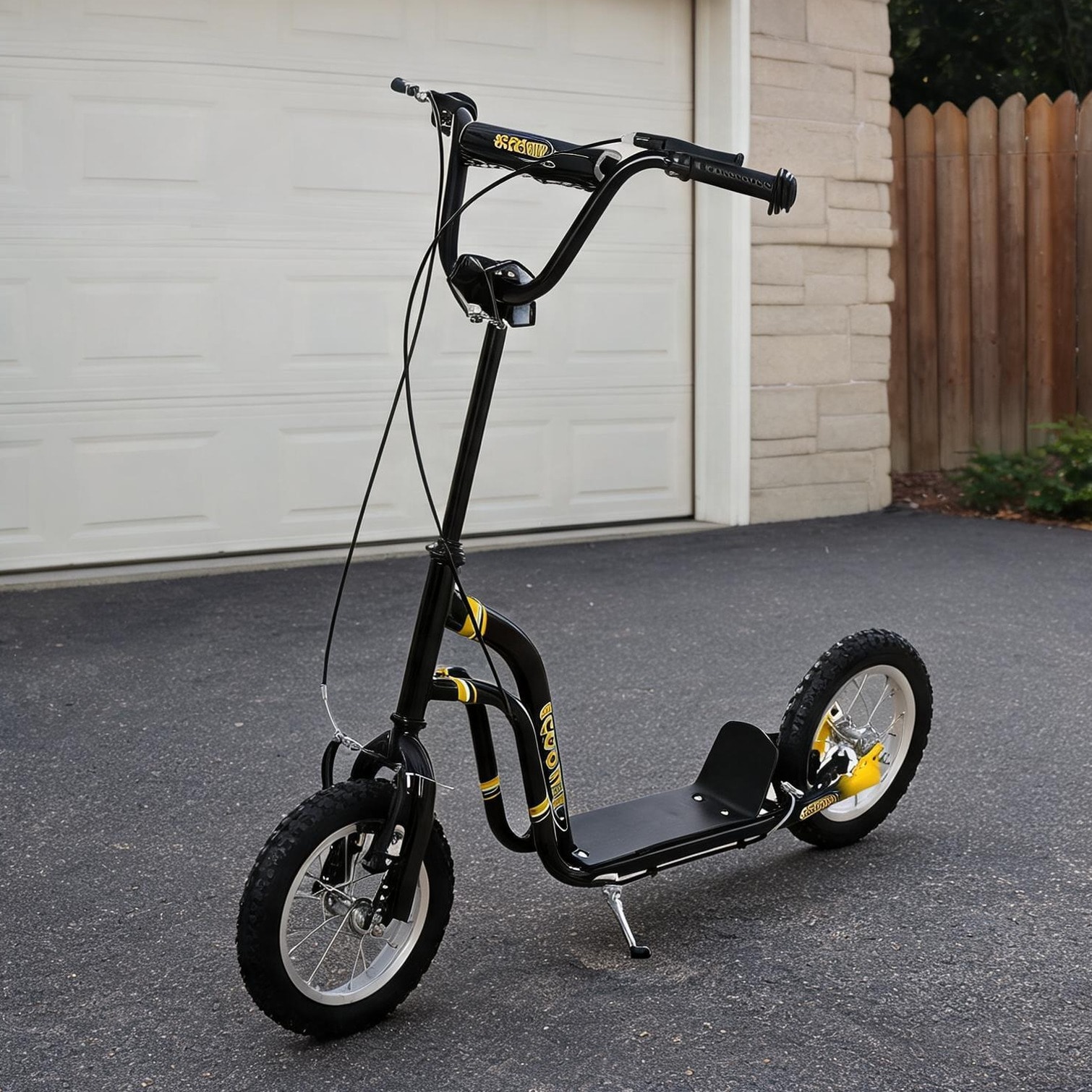 chillscreamni 12-Inch Inflatable Wheel Kick Scooter in Deep Black with Dual Brakes and Adjustable Handlebar for Ages 5+