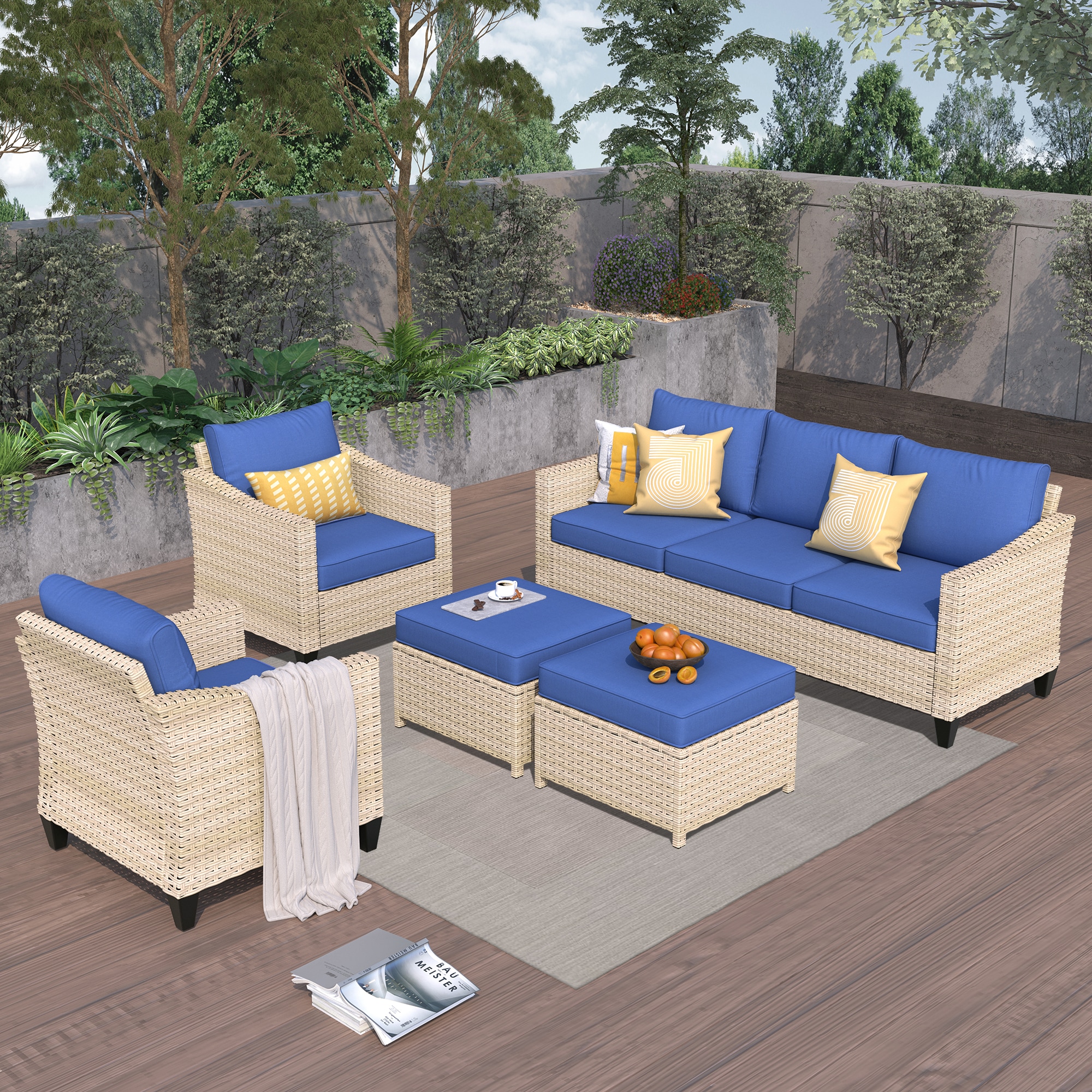 XIZZI XIDAR7052 Aries 5 -Piece Rattan Patio Sofa Conversation Set with Blue Navy Blue Cushions