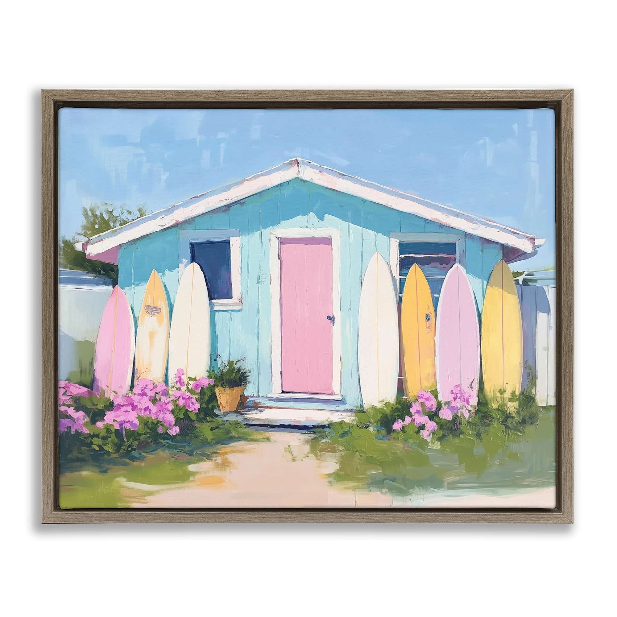 Stupell Industries BT-696-FFE-16X20 Cabin with Pastel Surfboards Brown Framed Floater Canvas Wall Art By Arlington Prints 21 x 17