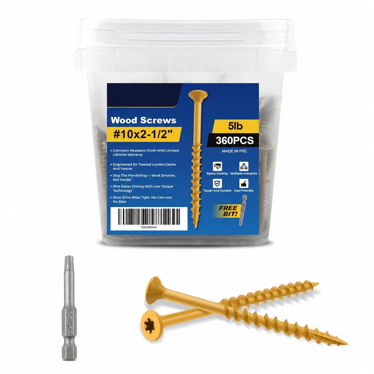 Phewnyzo  Number 10 x Two and One Half Inch Deck Screws Torx Flat Head Exterior Wood Screws Self Tapping T25 Star Drive Bit 365 pcs for Outdoor
