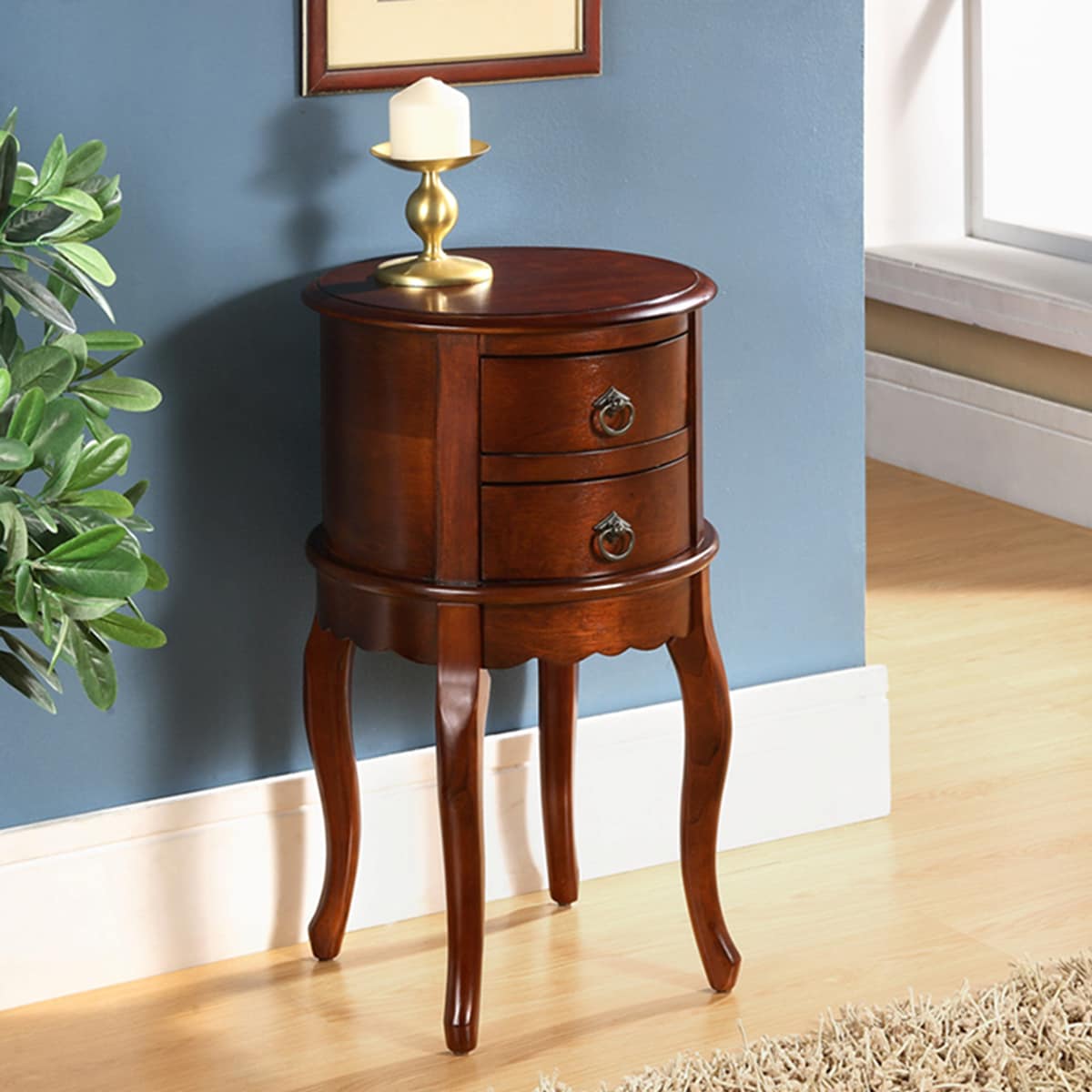 Mahogany Round Twin Drawer Accent Table with Storage