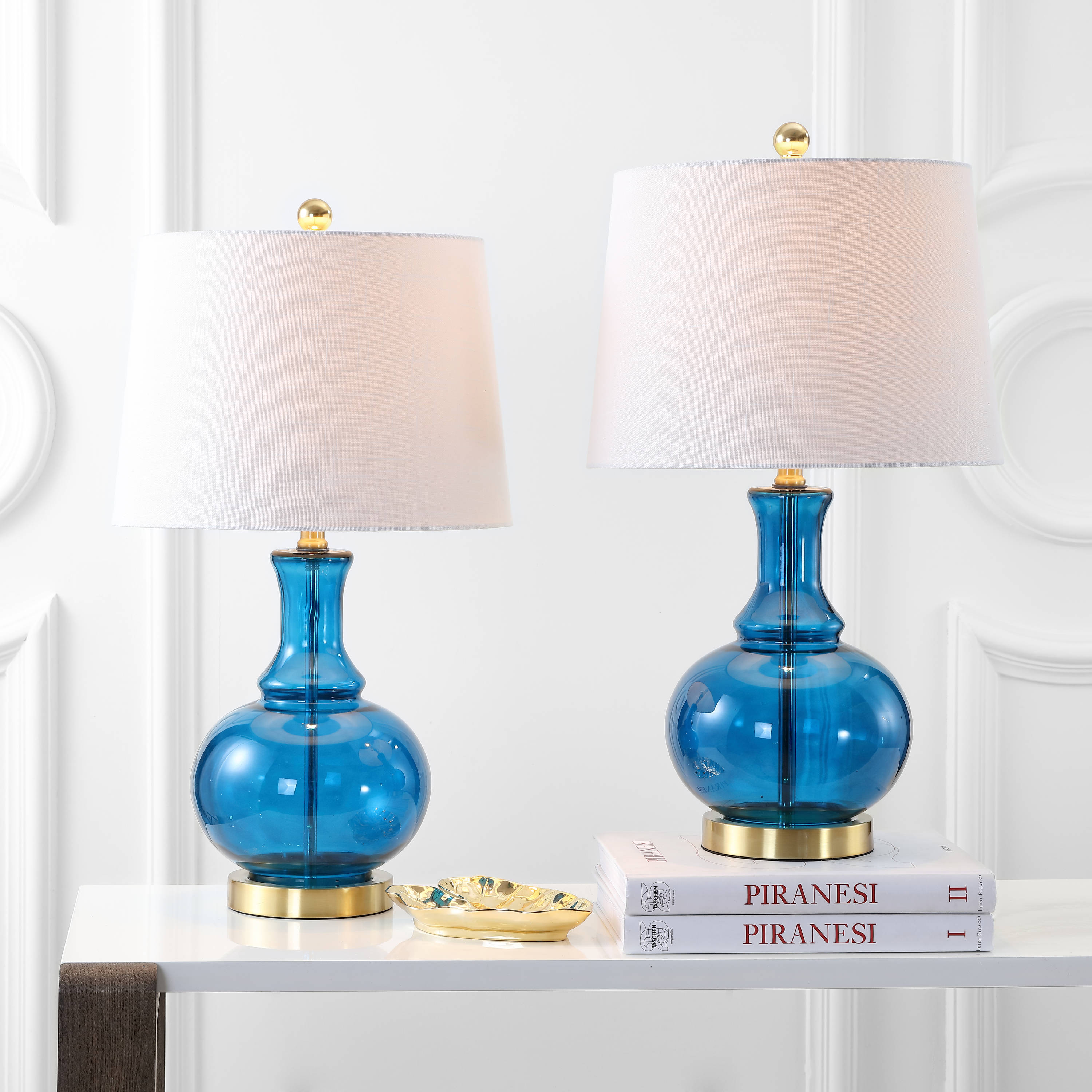 JONATHAN  Y JYL1068C-SET2 Lavelle Glass Contemporary Transitional 25-in Cobalt Blue LED Incandescent Rotary socket Table Lamp with Linen Shade