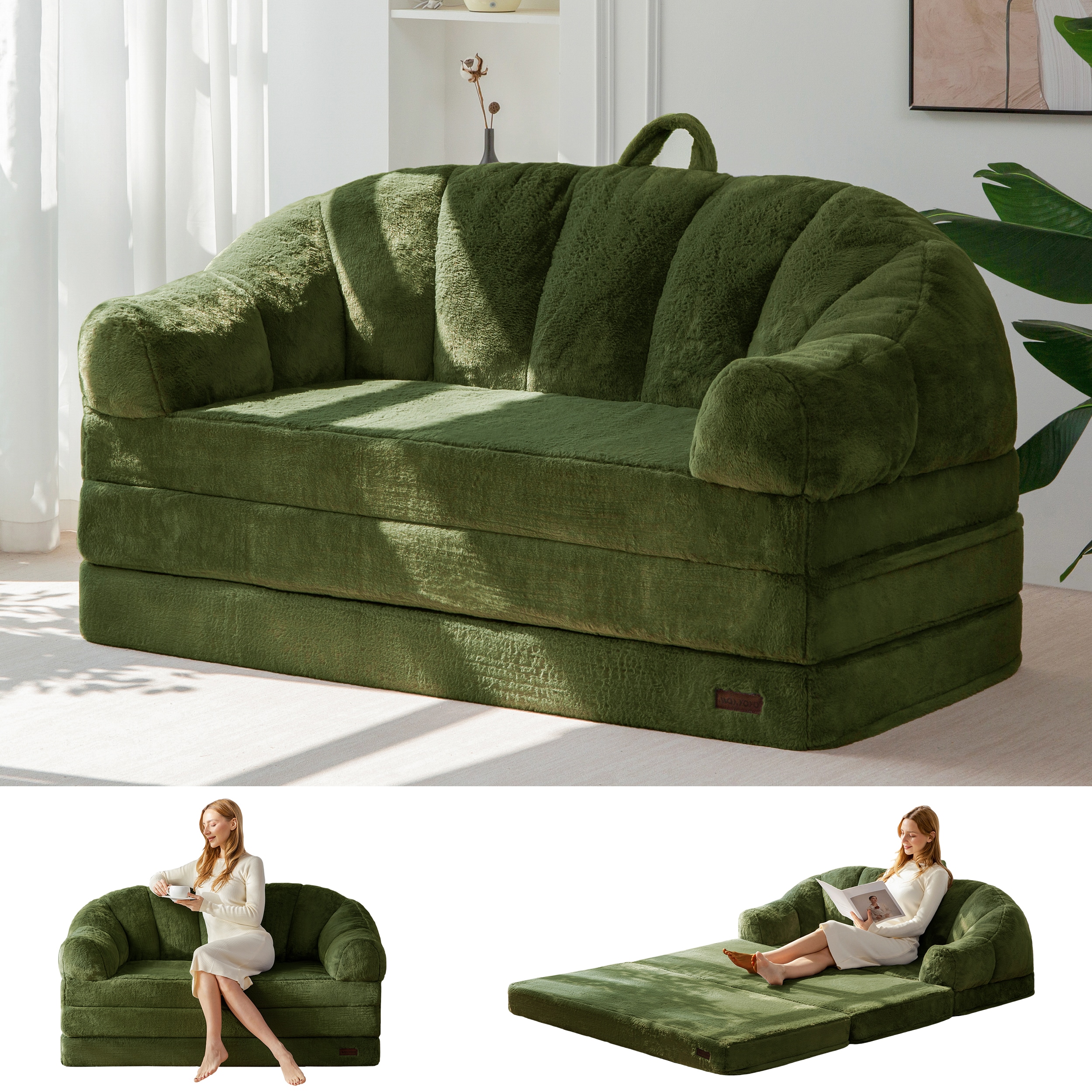 MAXYOYO - 2 in 1 Convertible Sofa Folding Loveseat Sofa Faux Fur Couch