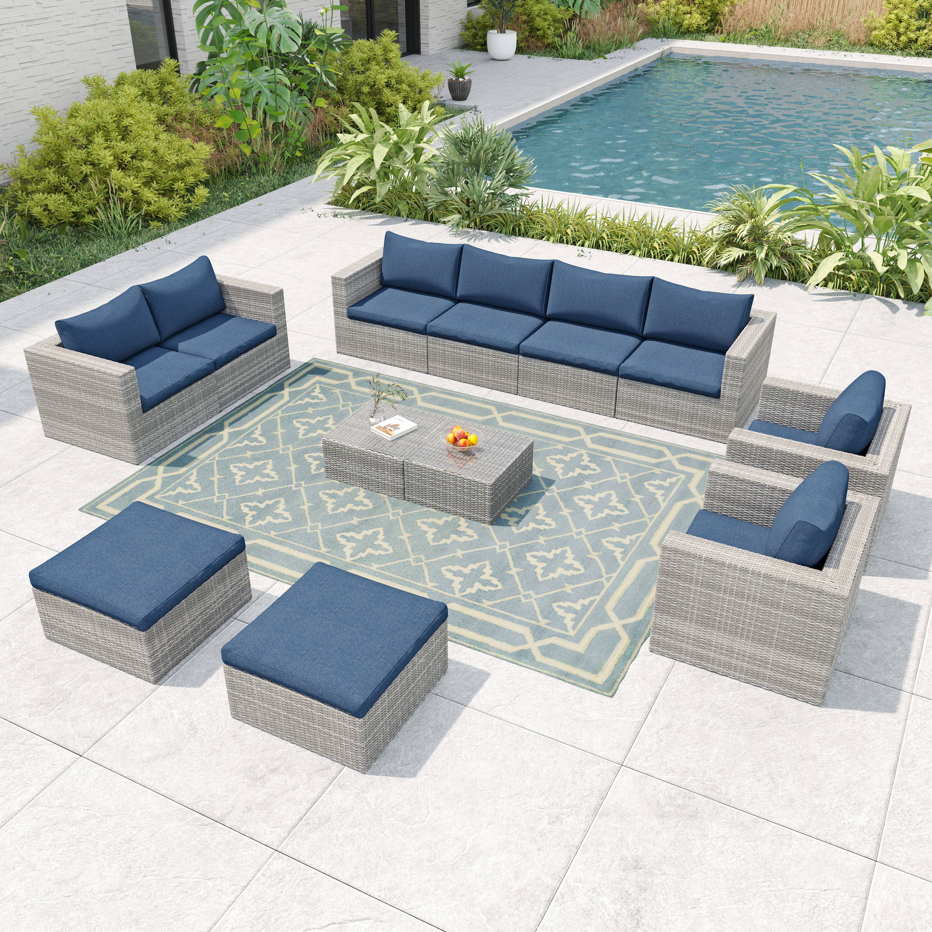 Octans SL2C00198 12 -Piece Wicker Patio Conversation Set with Blue Cushions