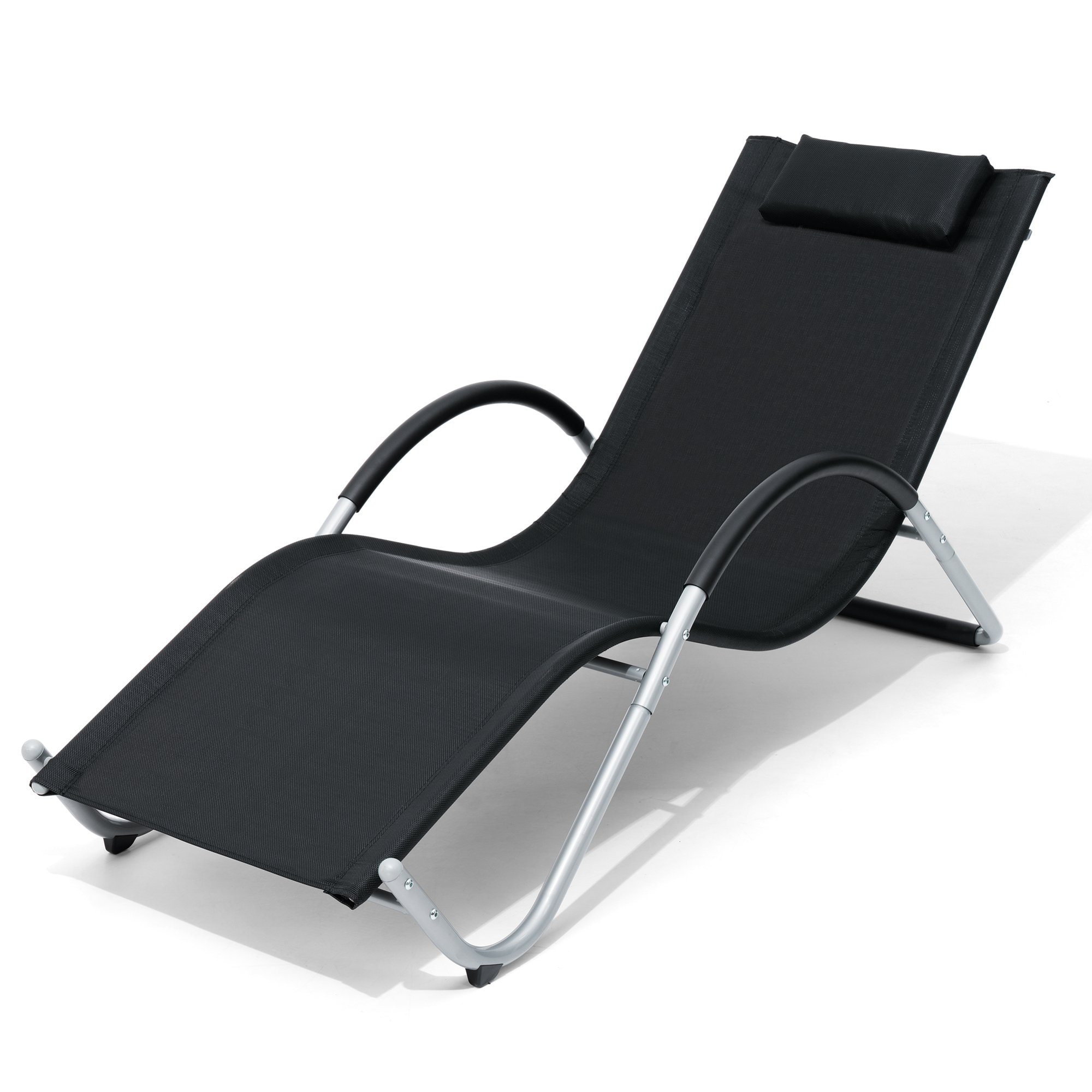 Crestlive Products CL-LG032BLK-1 1 pc outdoor lounge chair Gray Metal Frame Stationary Chaise Lounge Chair with Black Mesh Seat
