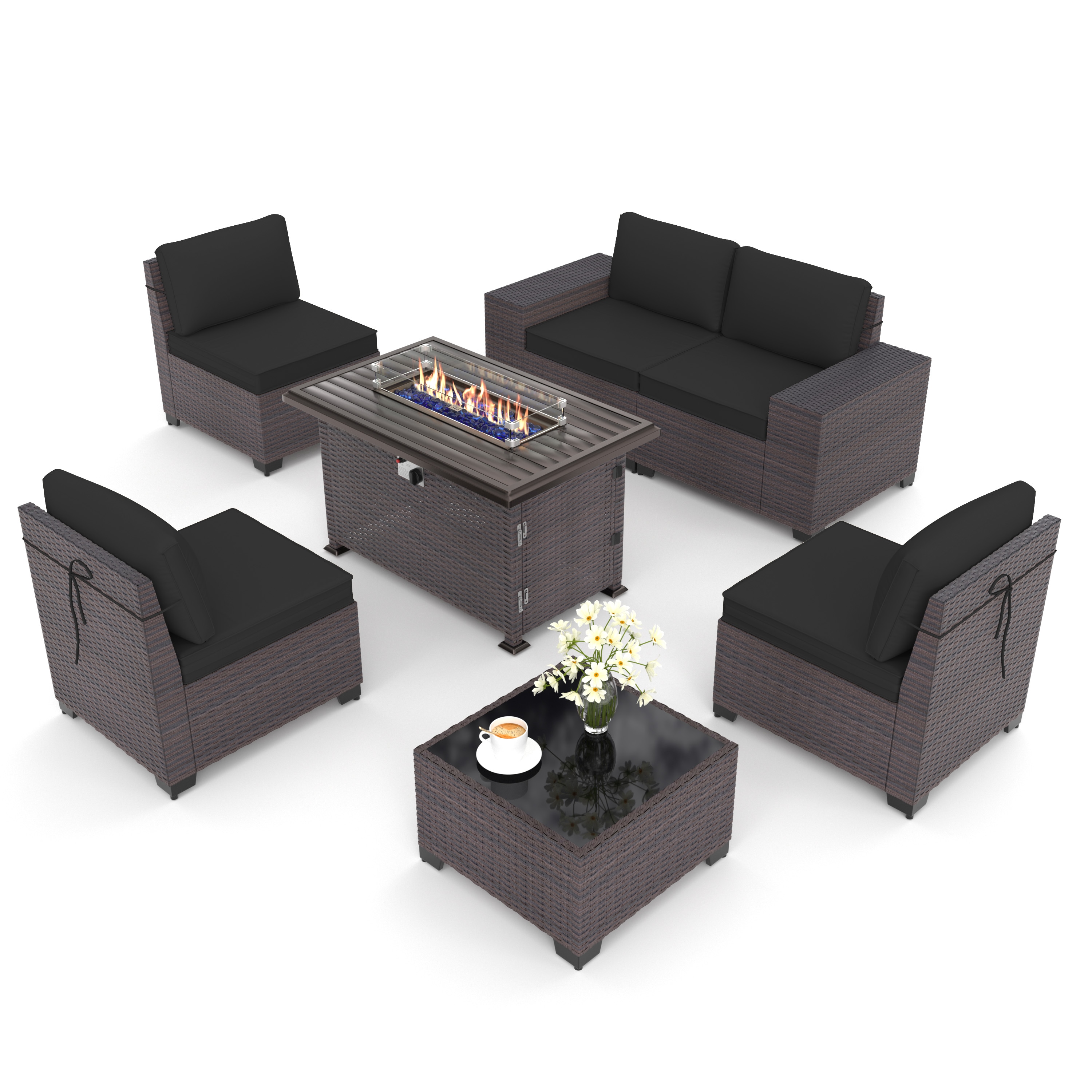 ALAULM LS-6PCS+FP-BLACK 7 -Piece Wicker Patio Sofa Conversation Set with Black Cushions