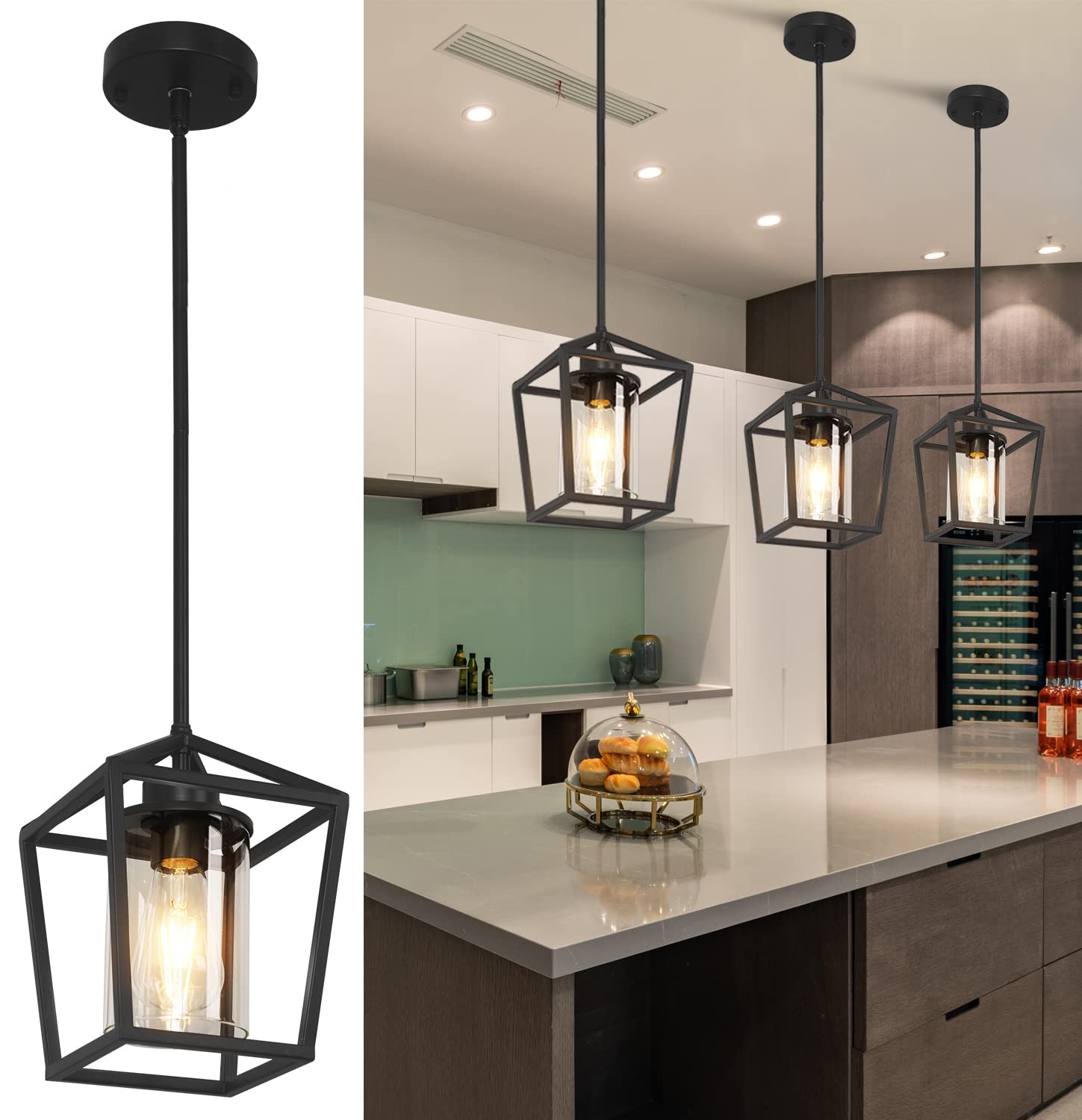 ITOPFOX  Black Pendant Light Fixture Farmhouse Iron Cage Metal Lantern Hanging Light with Clear Glass Shade for Kitchen Island Dining Room