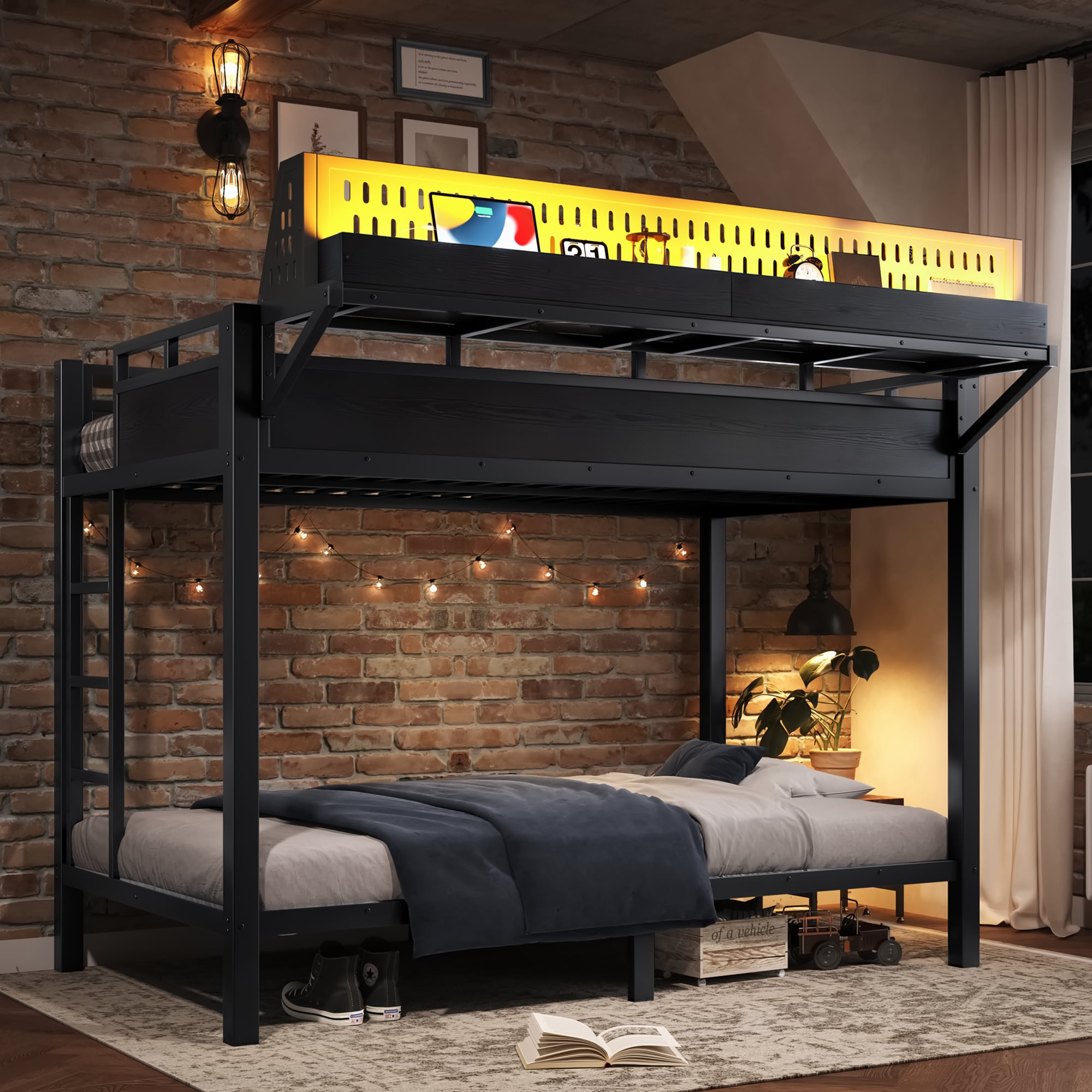Bellemave - Twin XL over Twin XL Metal Bunk Bed with Storage Shelves Pegboard USB and LED for Tee...