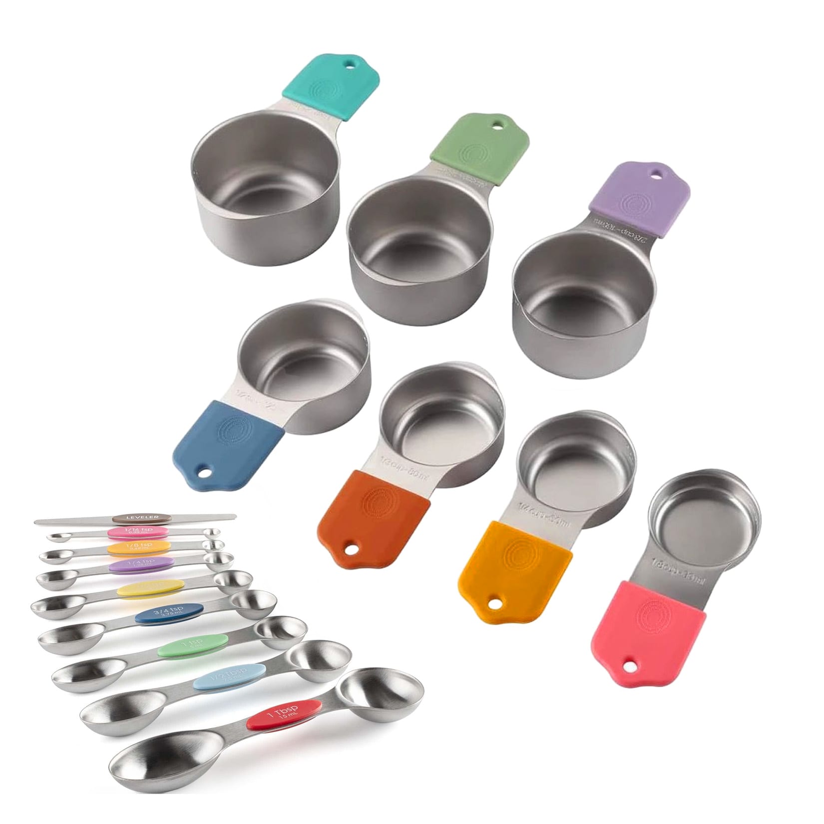 Garvee Magnetic Measuring Cups and Spoons Set 16 Piece 304 Stainless Steel Measuring Set with Leveler Double Engraved Markings Colorful Handle for Baking and Cooking #BZZ-Q26FGOGEUZ2G2