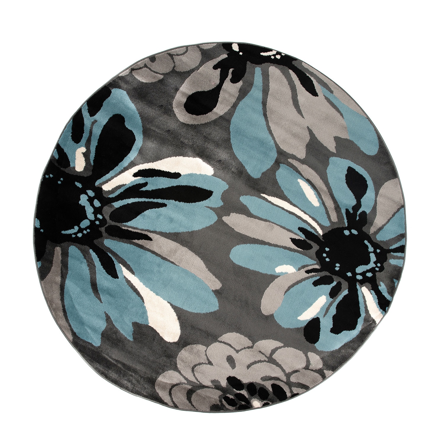 Blue and Gray Synthetic Round Floral Area Rug