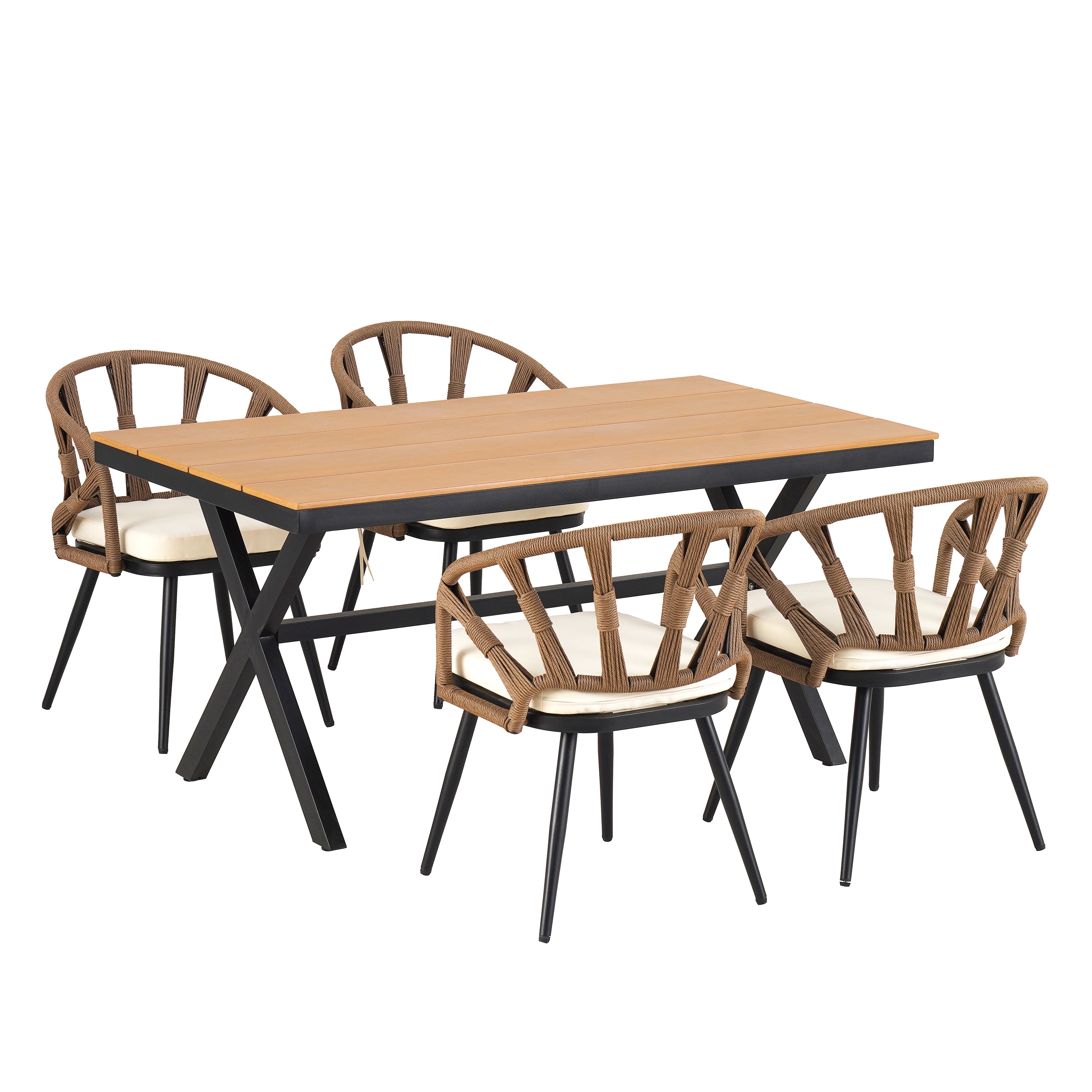 SINOFURN SYA020389BG 5 -Piece Brown Woven Patio Dining Set Plastic Rectangle Table with 4 Off-white Cushions Stationary Chairs
