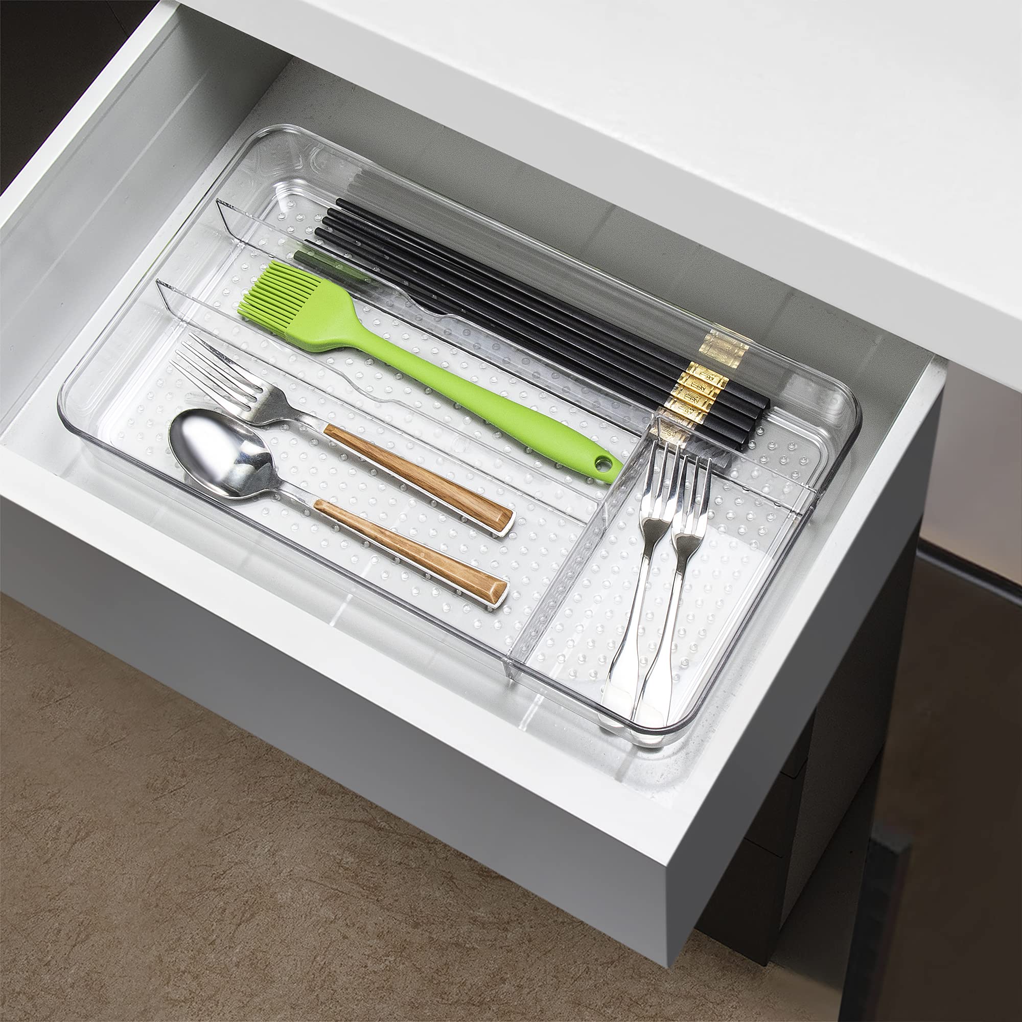 UUDULY  Multi Purpose Drawer Organizer Tray Clear PET Plastic Cutlery Utensil Divider No Slip Storage Box for Kitchen Makeup Bathroom and Office