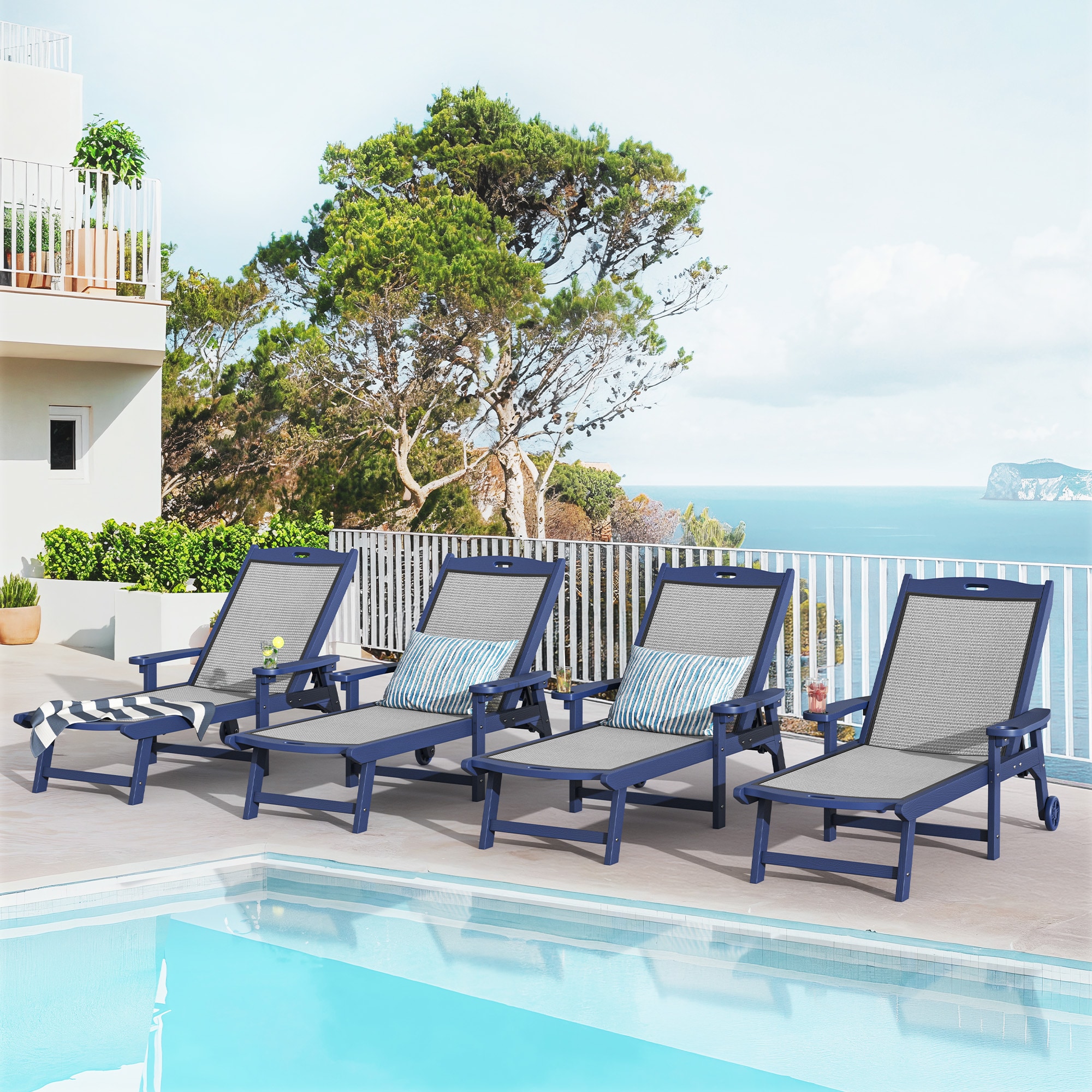Yurevna 4JT-002-03LS 5-Position Chaise Lounge Set of 4 Navy Polyethylene Frame Stationary Chaise Lounge Chair with Mesh Seat