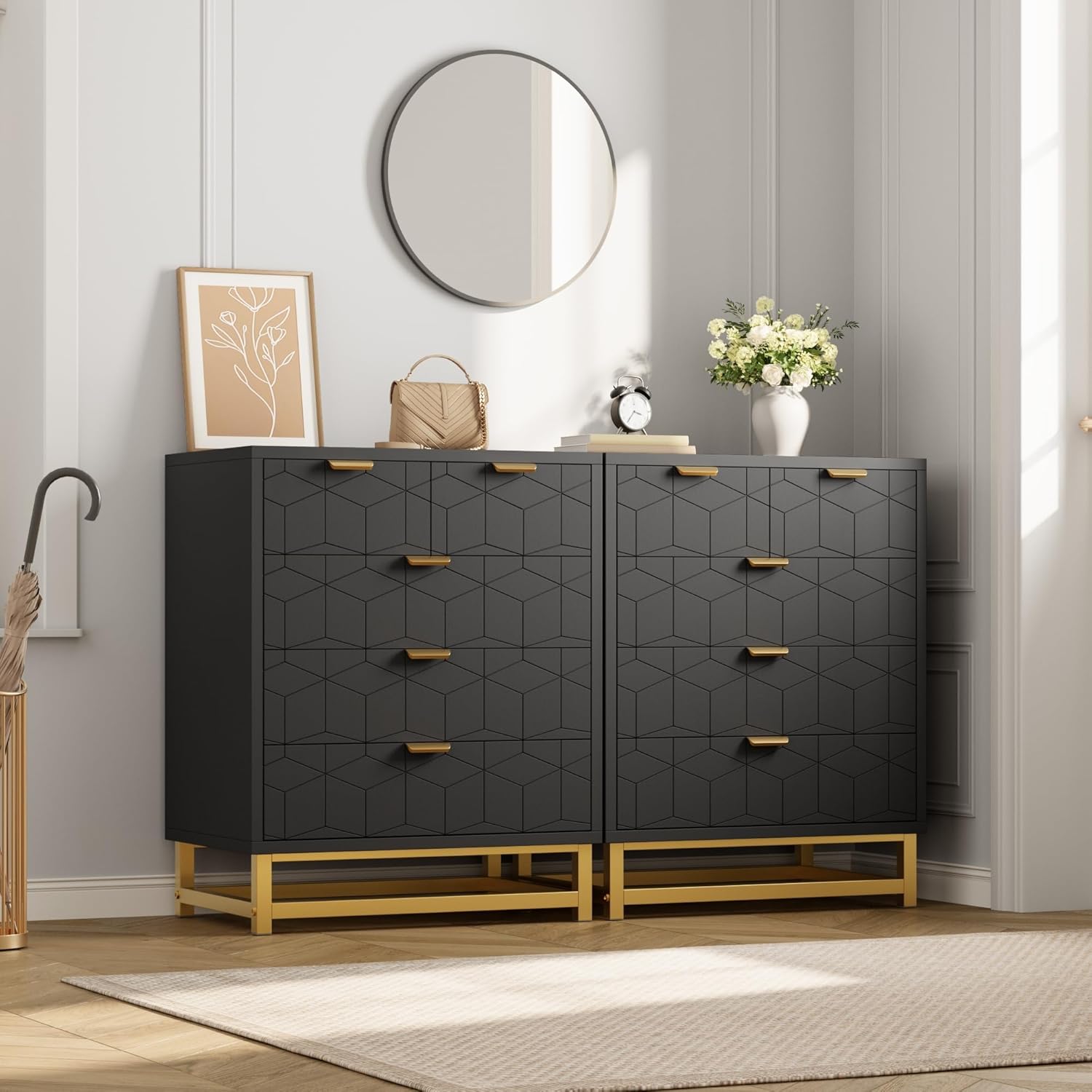 Qeetex CY-LS-XSIP01005 Black 5 Drawer Dresser Modern Wide Storage Chest with Gold Metal Legs Carved Front Organizer for Bedroom Living Room Entryway