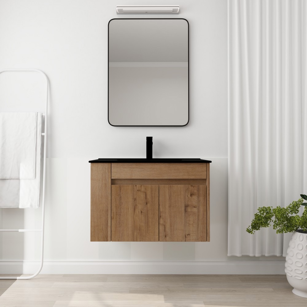 Basdien 30 in Brown Wall Mounted Bathroom Vanity with Black Ceramic Sink and Adjustable Open Shelf Plywood Construction Metal Handle 45 Degree Inclined Edge Design Moisture and Scratch Resistant Melamine Surface Easy Clean Modern Style Cabinet