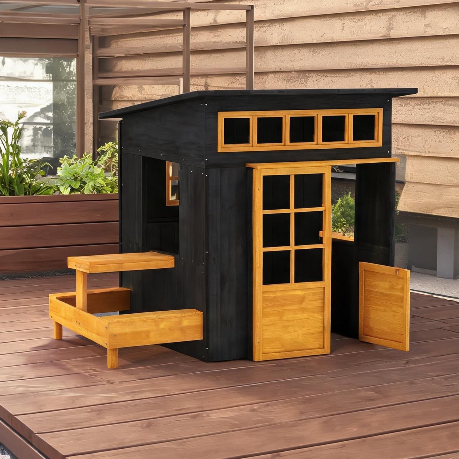 SunJet Bench with Black Fir Storage and Solid Wood Detail for Outdoor Space 76.4 x 48.4 x 54.3 in