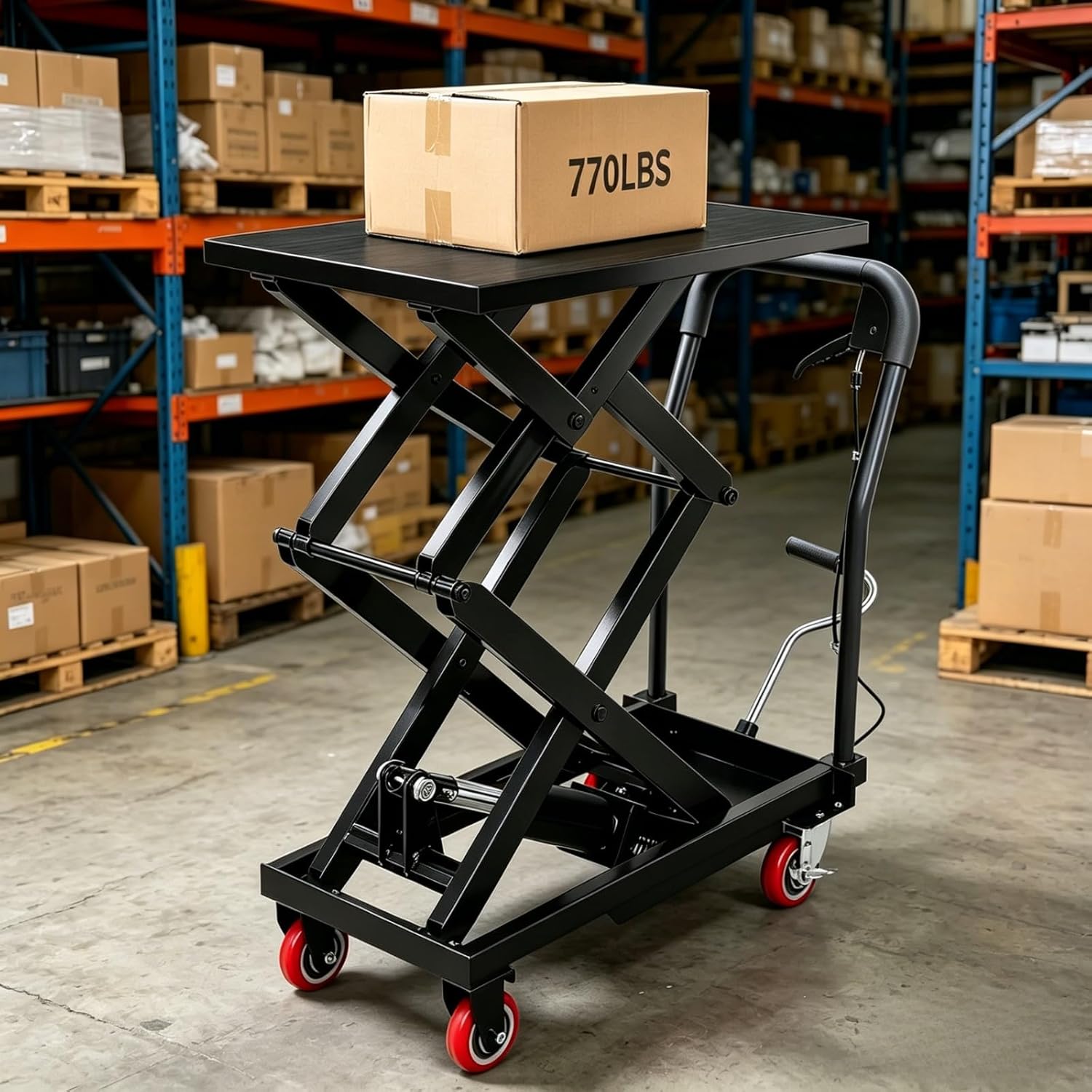 GAOMON Hydraulic Lift Table Cart 770 lbs Capacity 59 In Double Scissor Lift Table with Non-Slip Platform and Locking Wheels for Material Handling Black
