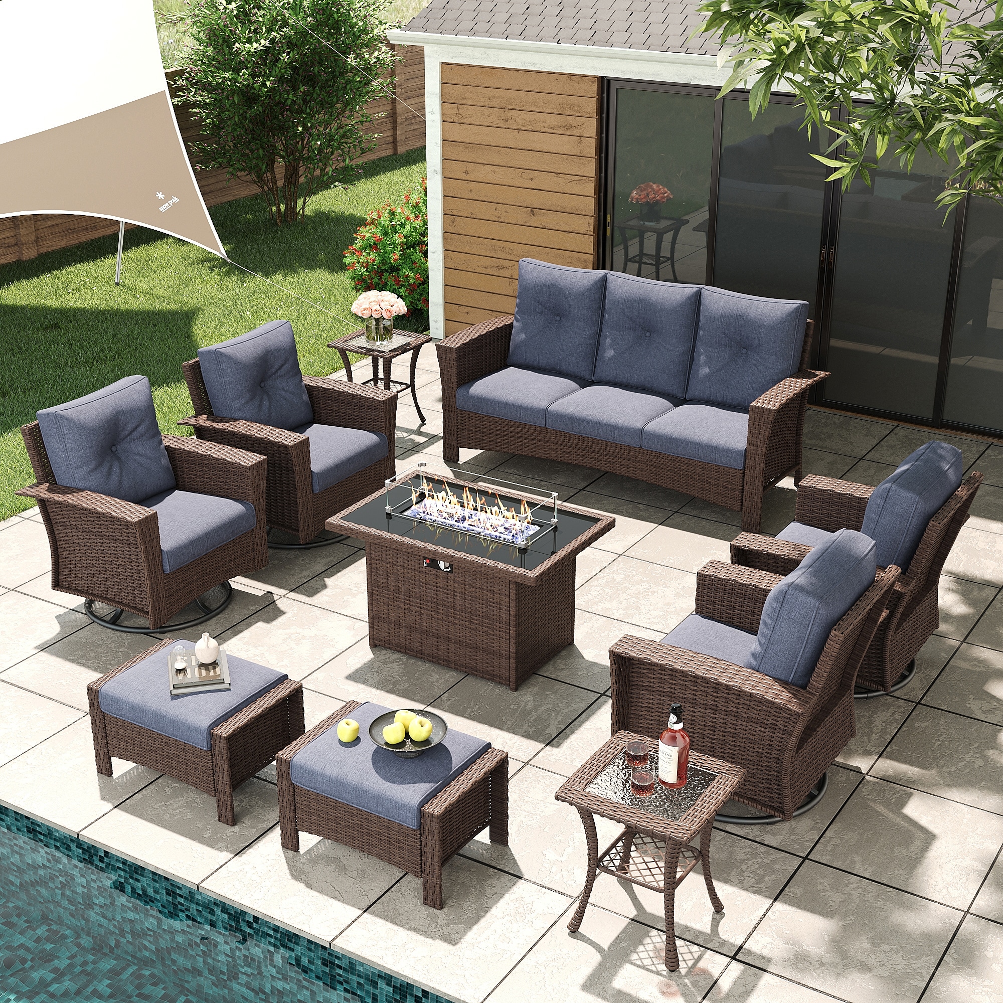LayinSun  10 Piece Wicker Patio Furniture Set with Classic 360 Degree Swivel Chairs Set with Fire Pit Table