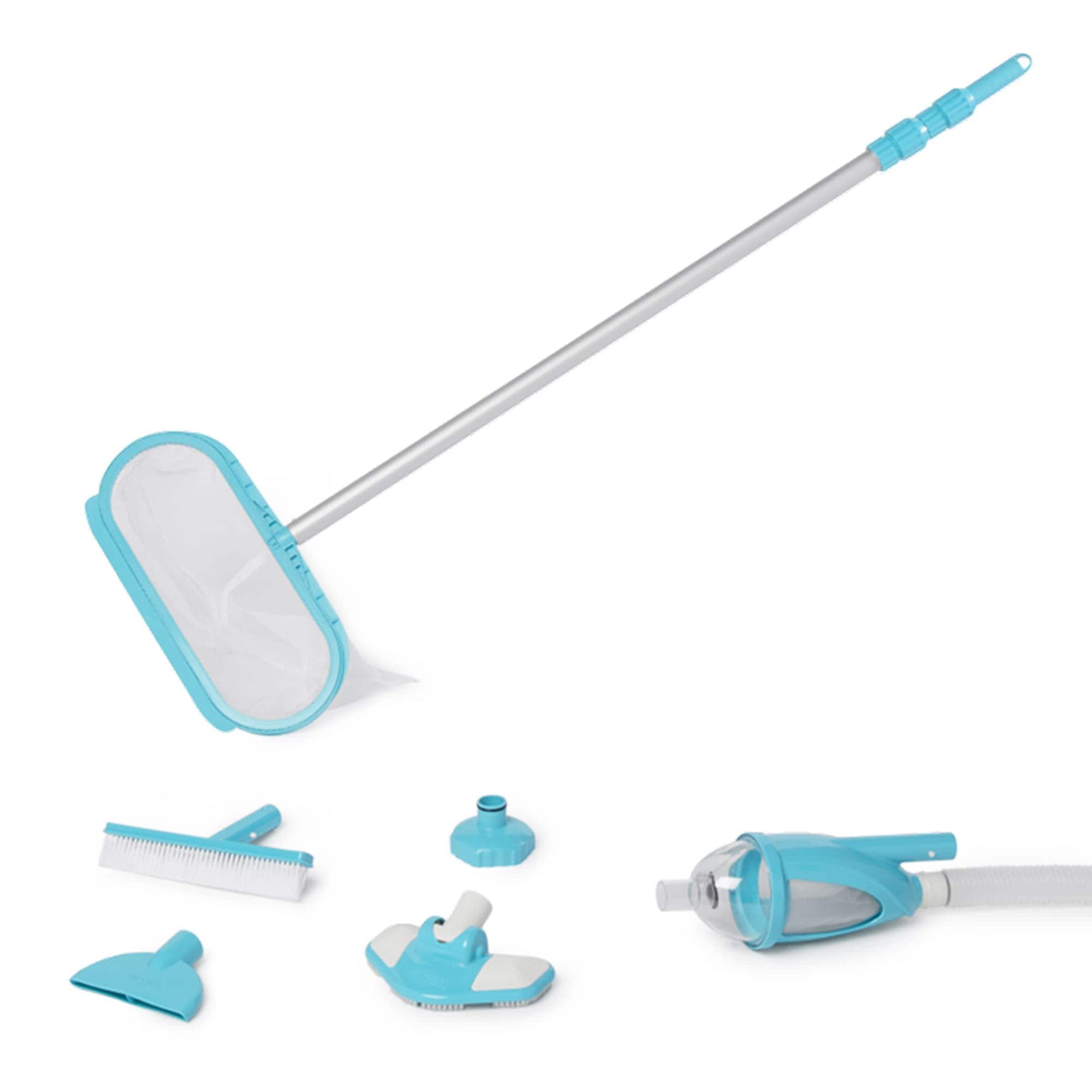 Intex 41367 Intex Deluxe Pool Maintenance Kit includes a 110-inch telescoping aluminum shaft vacuum skimmer net and wall brush for pools 18ft+ in diameter. Requires an Intex filter pump with 800 GPH+ flow rate.