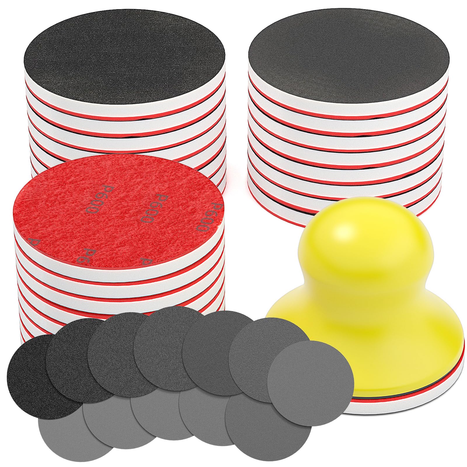 SenQWFa  32PCS 3 Inch Sanding Sponge Discs Kit with 8 Grits 180 to 3000 Grit and 3 Inch Hand Sanding Block for Wood Metal Headlight and Curved