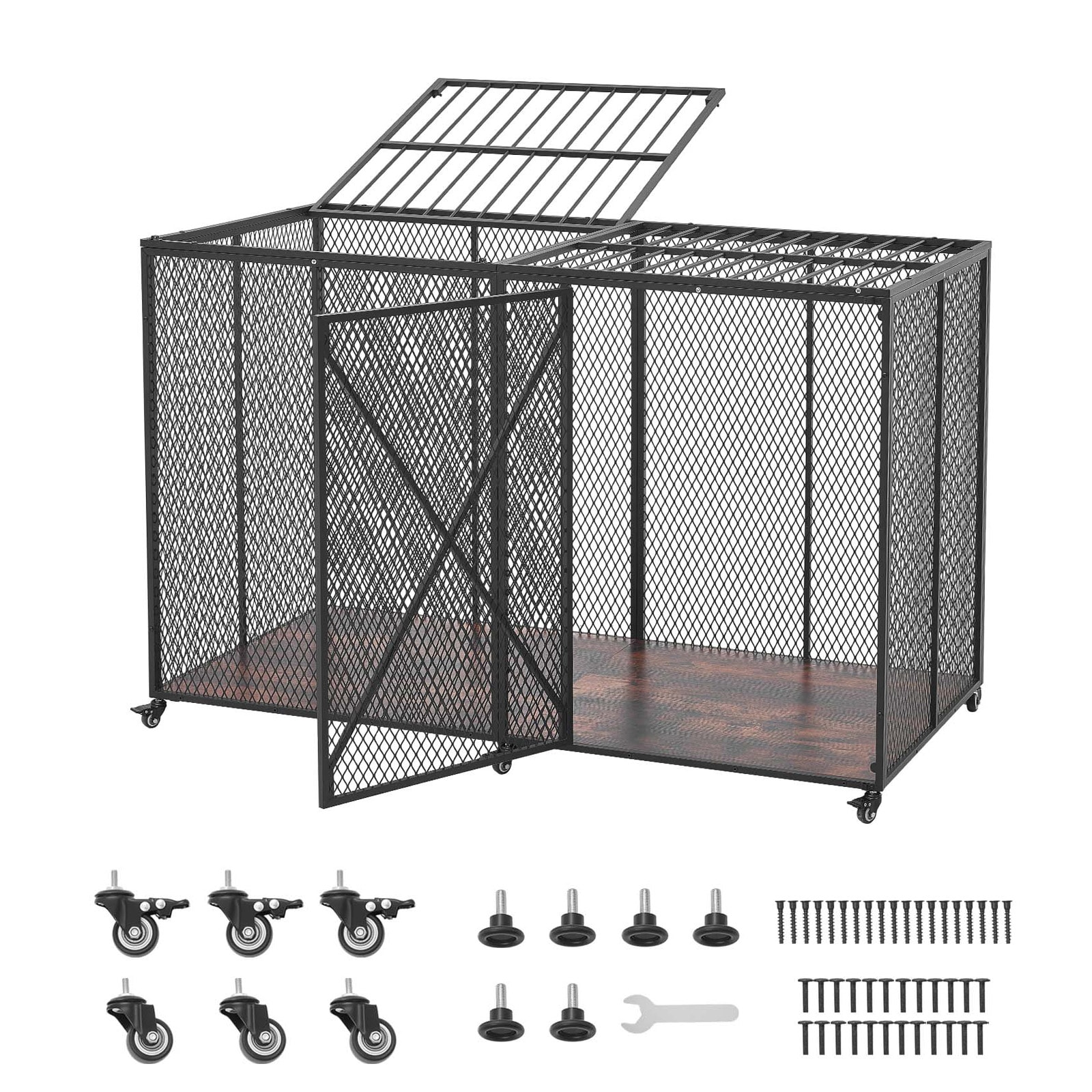VEVOR 64 Inch Heavy Duty Dog Crate Max Load Capacity 300 lbs Indestructible Escape-Proof Dog Kennel Indoor for High Anxiety Large Breeds Steel Metal Pet Cage with Double Doors and Lockable Wheels