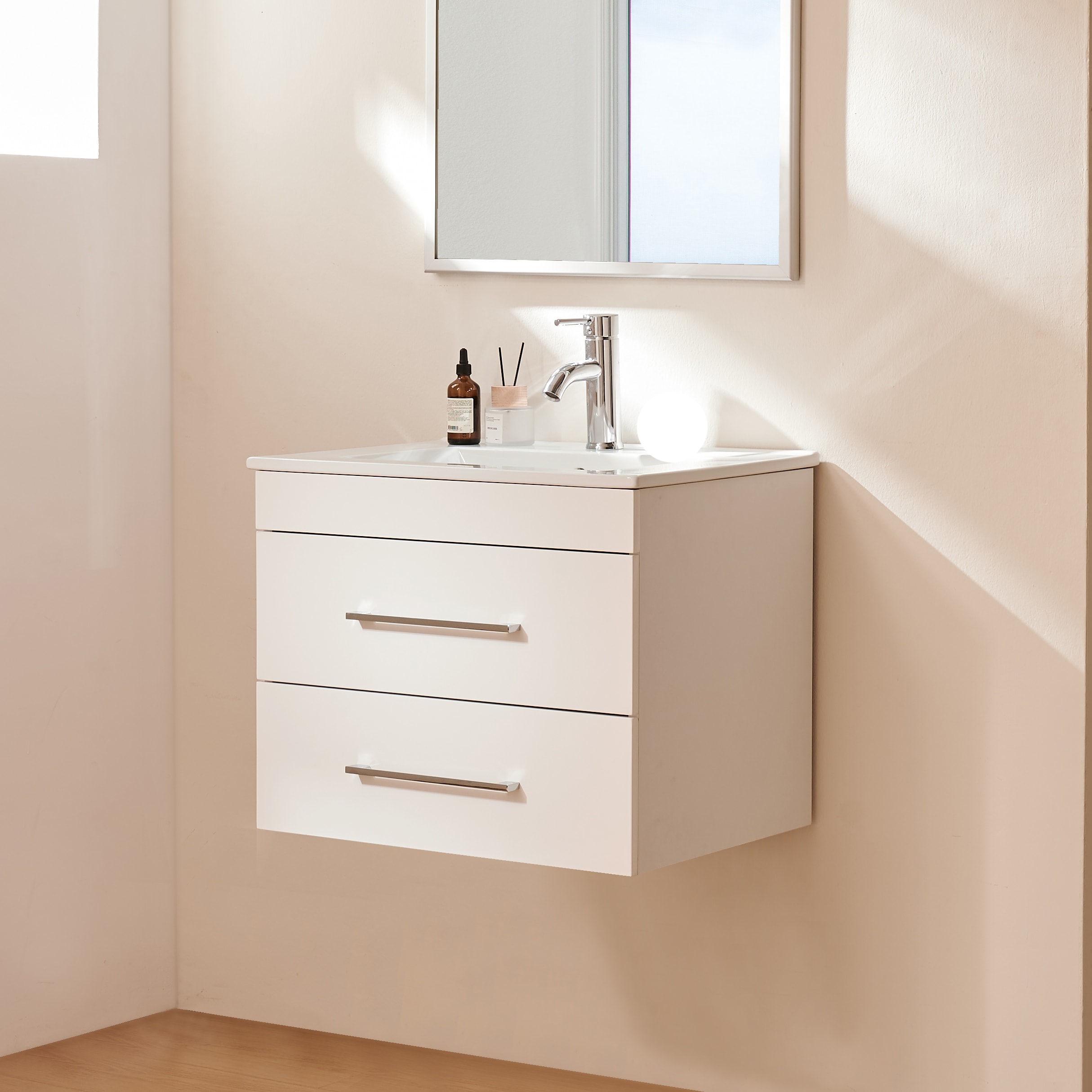 LUXEYARD - 24 Inch White Gloss Wall Mounted Bathroom Vanity With Double Drawers Soft Close System...