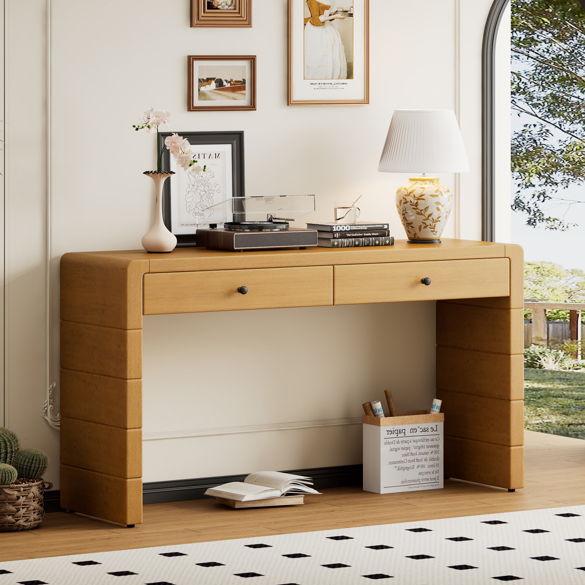 ModernLuxe N715P244723D Curved Console Table with Storage Wooden Entryway Table with 2 Drawers Farmhouse Rustic Console Tables for Entryway Hallway Living Room Natural