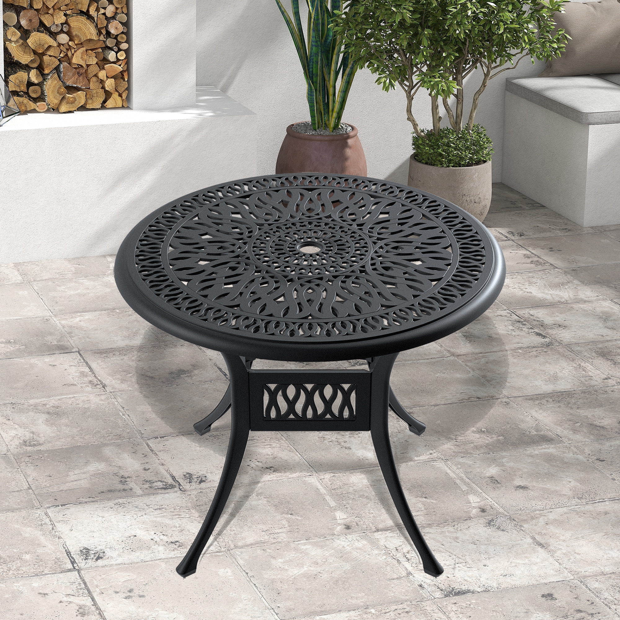 Blisstyle - 35.43 Inch Cast Aluminum Patio Dining Table with Black Frame and Umbrella Hole Outdoo...