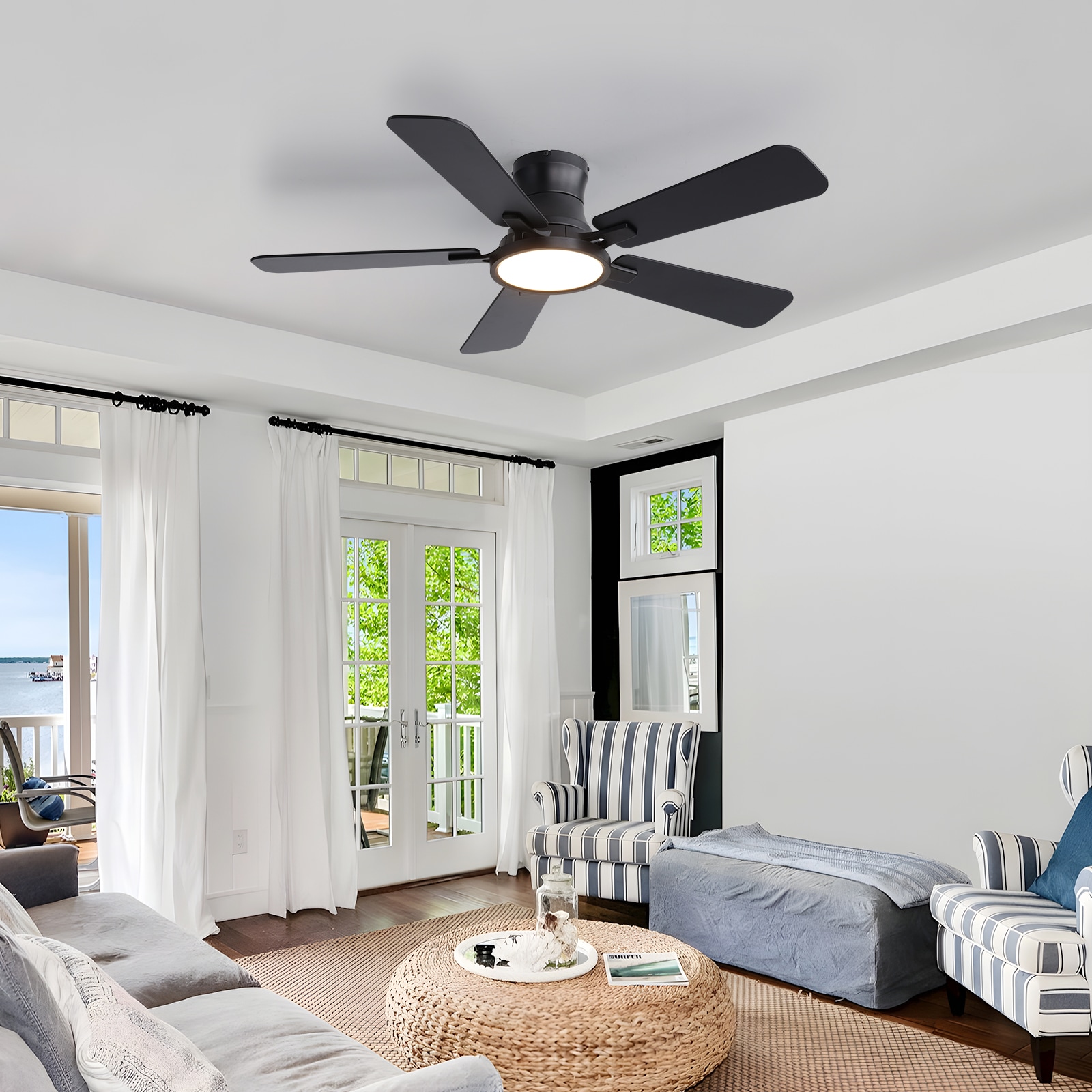 SILJOY FS6685-6 44 Inch BLack Flush Mount Ceiling Fan with LED Light Dual Blades Change(5 Blades)For Indoor