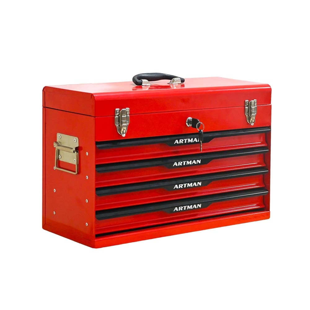 SereneVita 20.94 inches Red Steel Tool Box Portable Tool Chest Case Steel Tool Box with 4 Drawers Top Storage Carry Handle Ball Bearing Runners