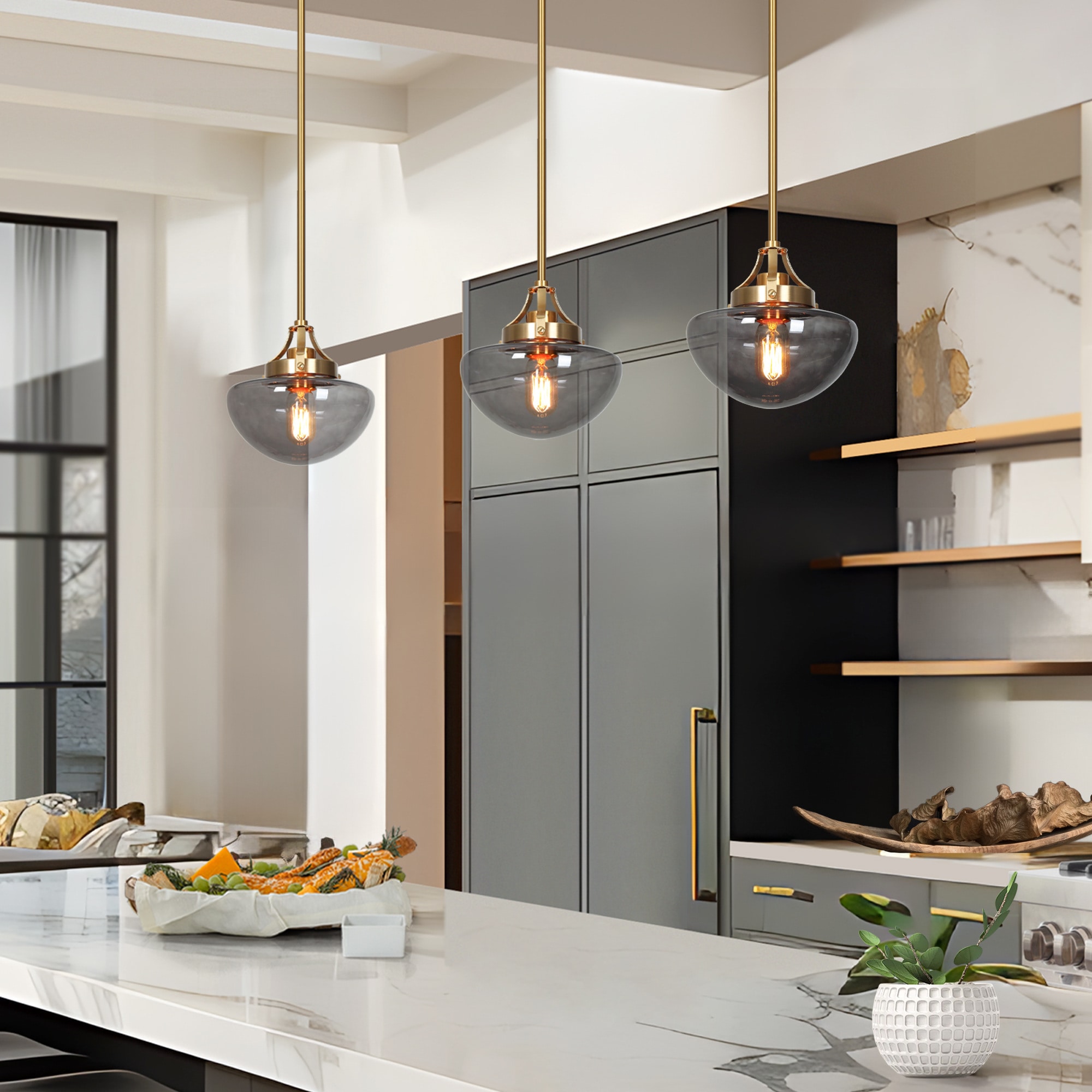 ZEVNI L3BRNR2YW890PSD8 Haskins Mid-century Gray/Polished Brass Island Bedroom Fixture Modern/contemporary Tinted glass Bowl Mini Hanging Pendant light