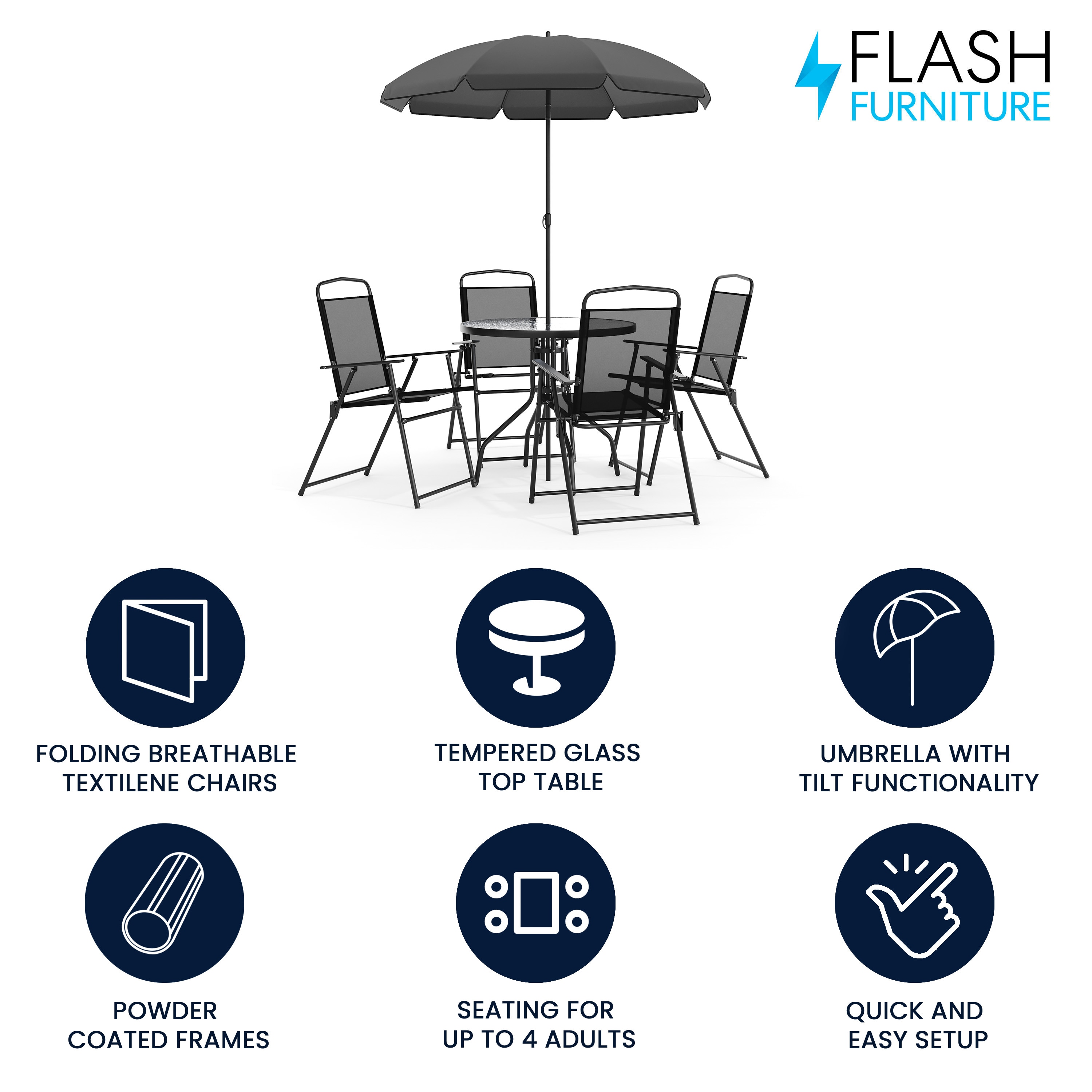 Nantucket 6-Piece Black Steel Patio Furniture Set with Umbrella