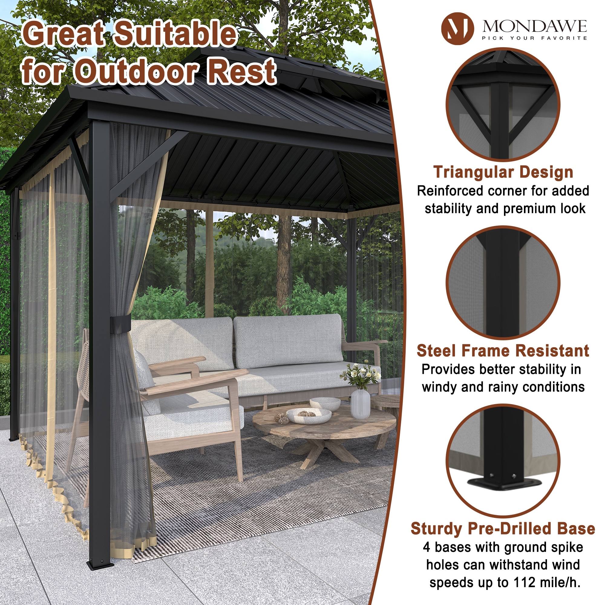 Mondawe 10 ft. x 12 ft. Outdoor Iron Frame Patio Gazebo Canopy Tent Shelter with Galvanized Steel Hardtop Roof, Mosquito Netting, Multi